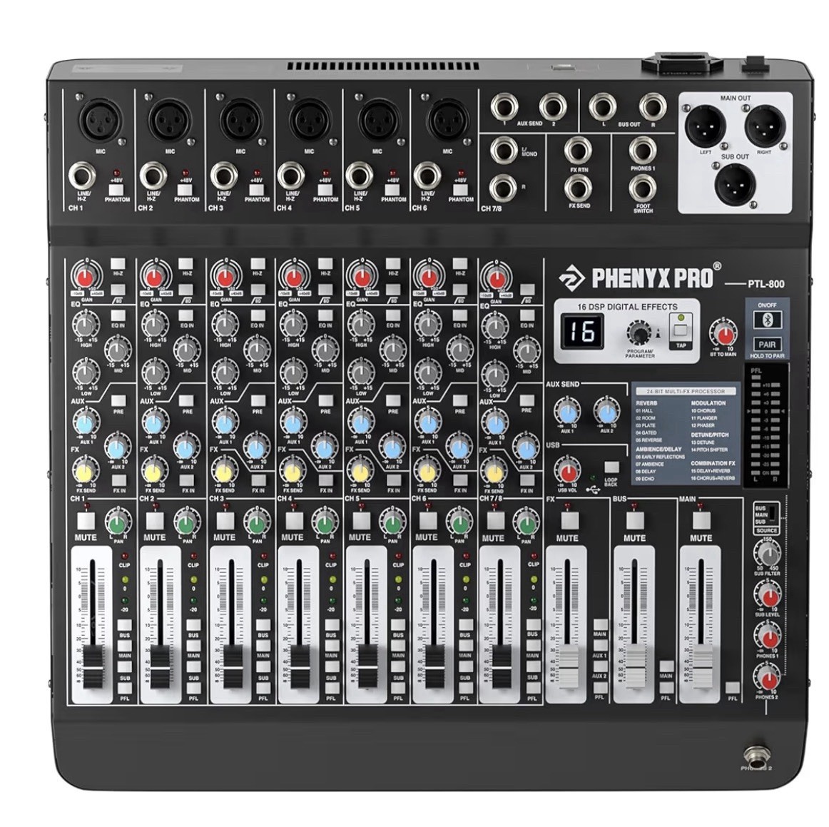 Professional 8-Channel Audio Mixer, Phenyx Pro DJ Sound Mixer Board w/Flexibl...
