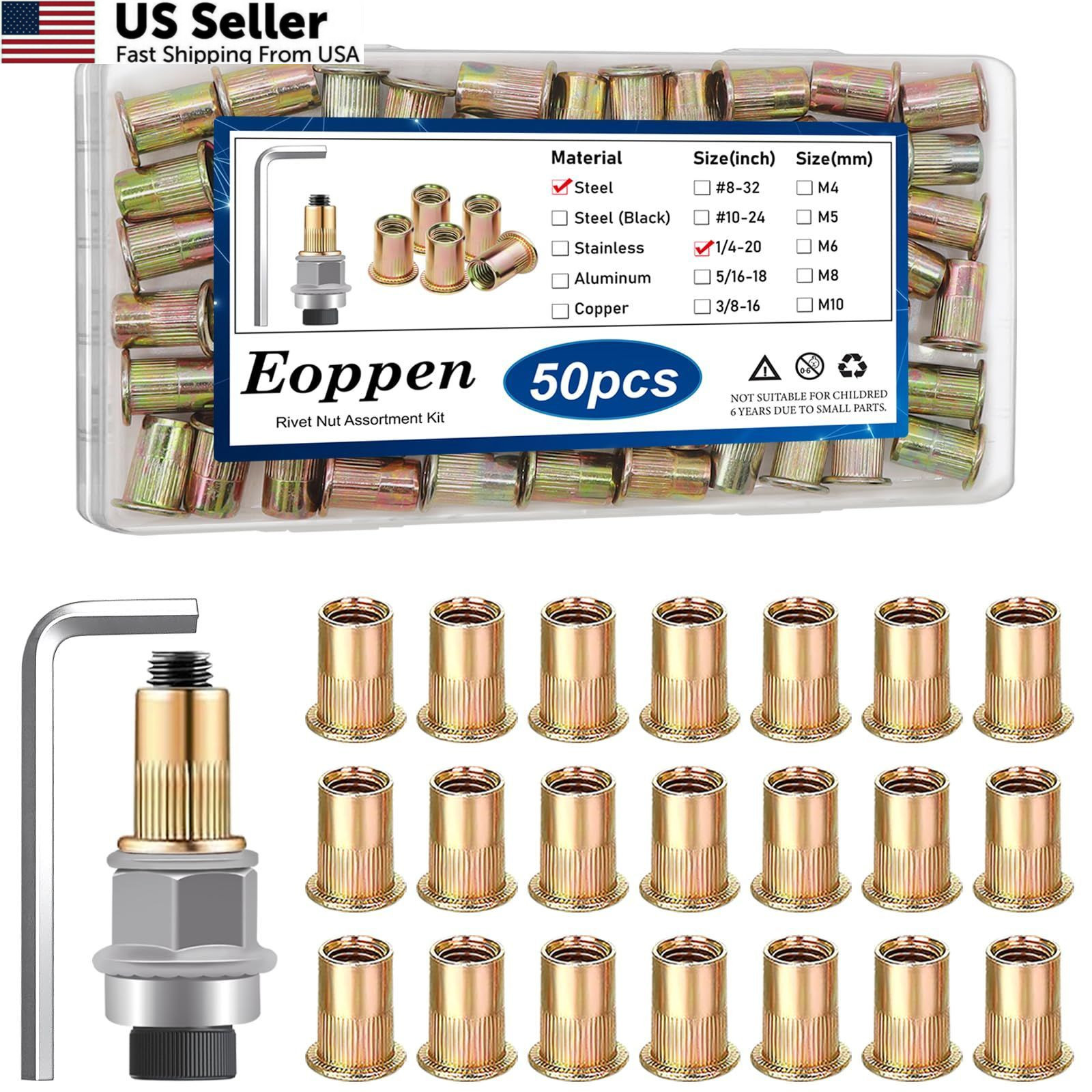Eoppen 50Pcs 1/4-20 Rivet Nuts with Hand Tool, Brown