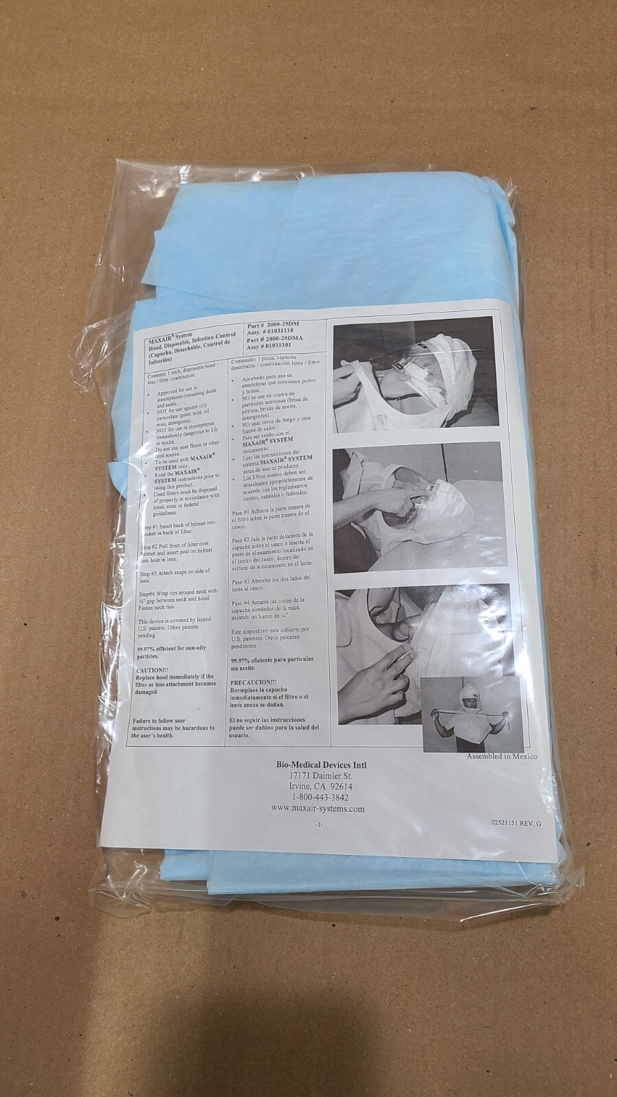 Maxair Disposable Hood/lens/filter/prefilter Part numbers 2000-25DMA # 01031301