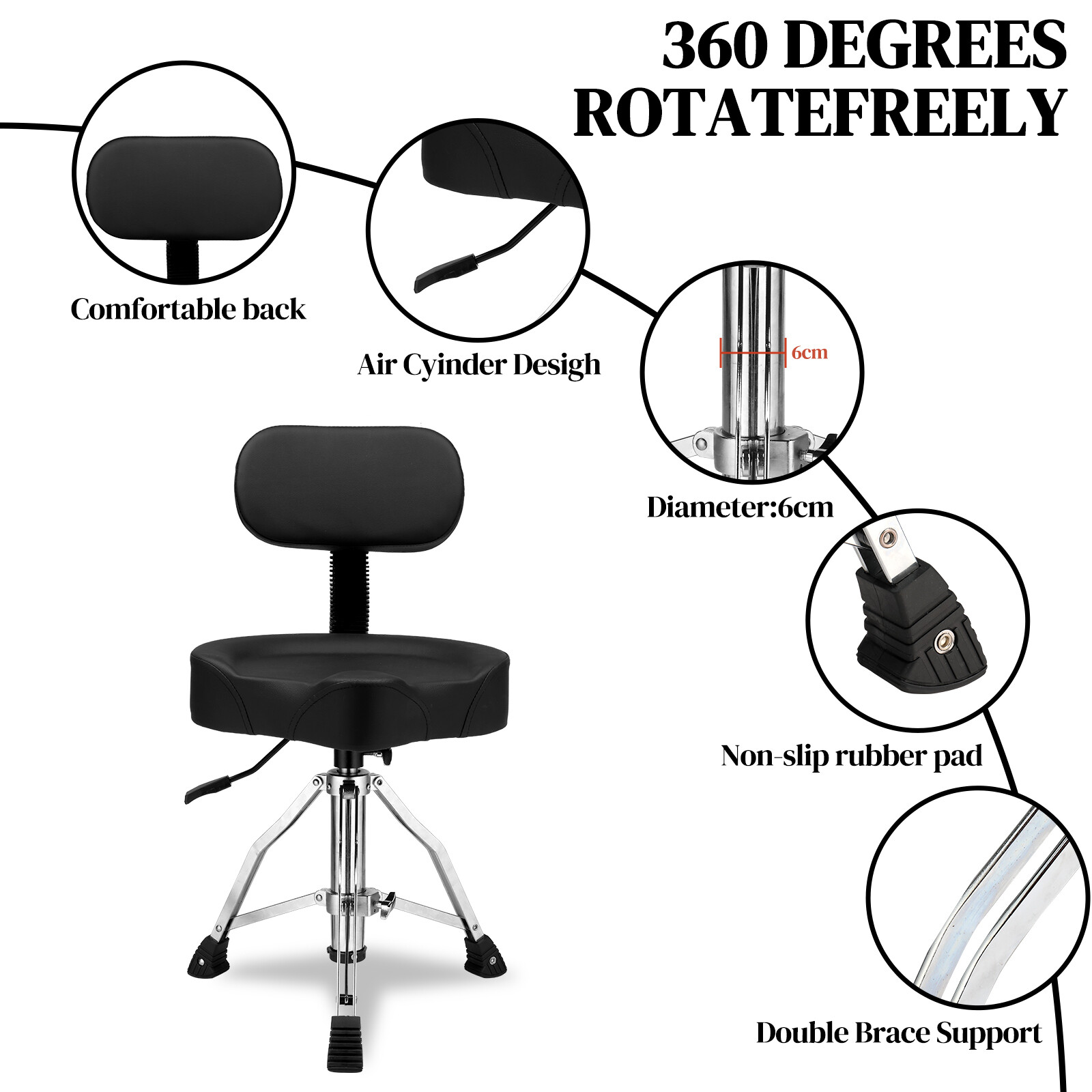 Adjustable Black Drum Stool Hydraulic Function By Shoulder Strap Drummers Top