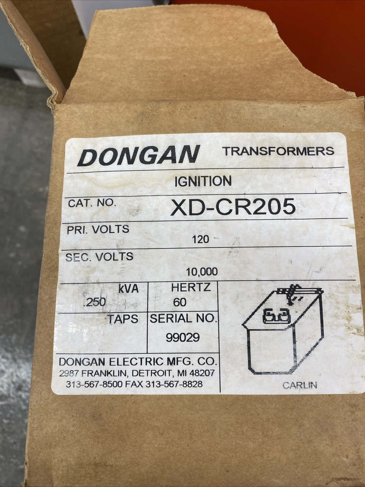 Dongan XD-CR205 Ignition Transformer 120V 60Hz Carlin New
