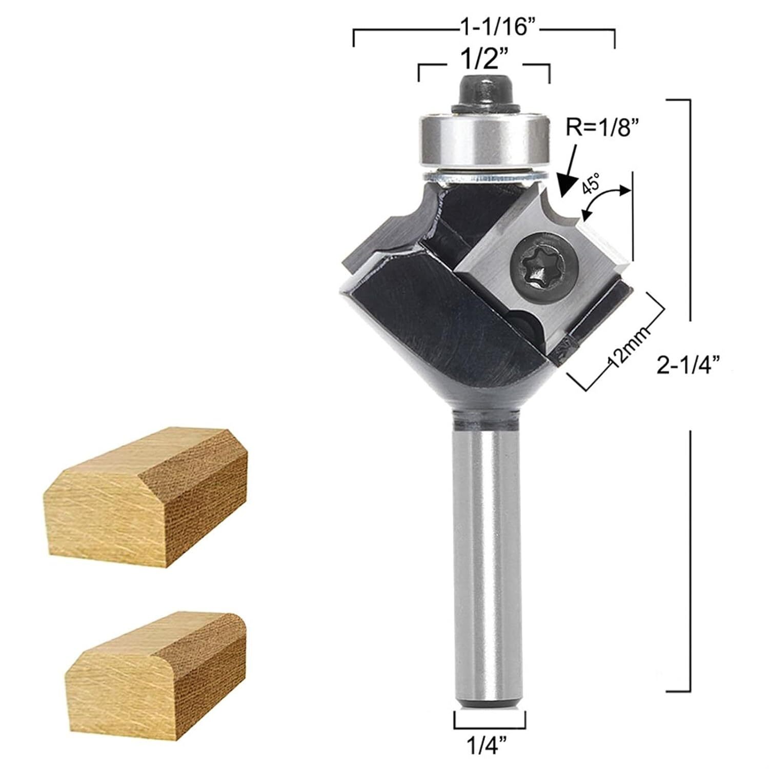 1/8" Radius 45 Degree Roundover Router Bit with Bearing Guide - 1/4" Shank