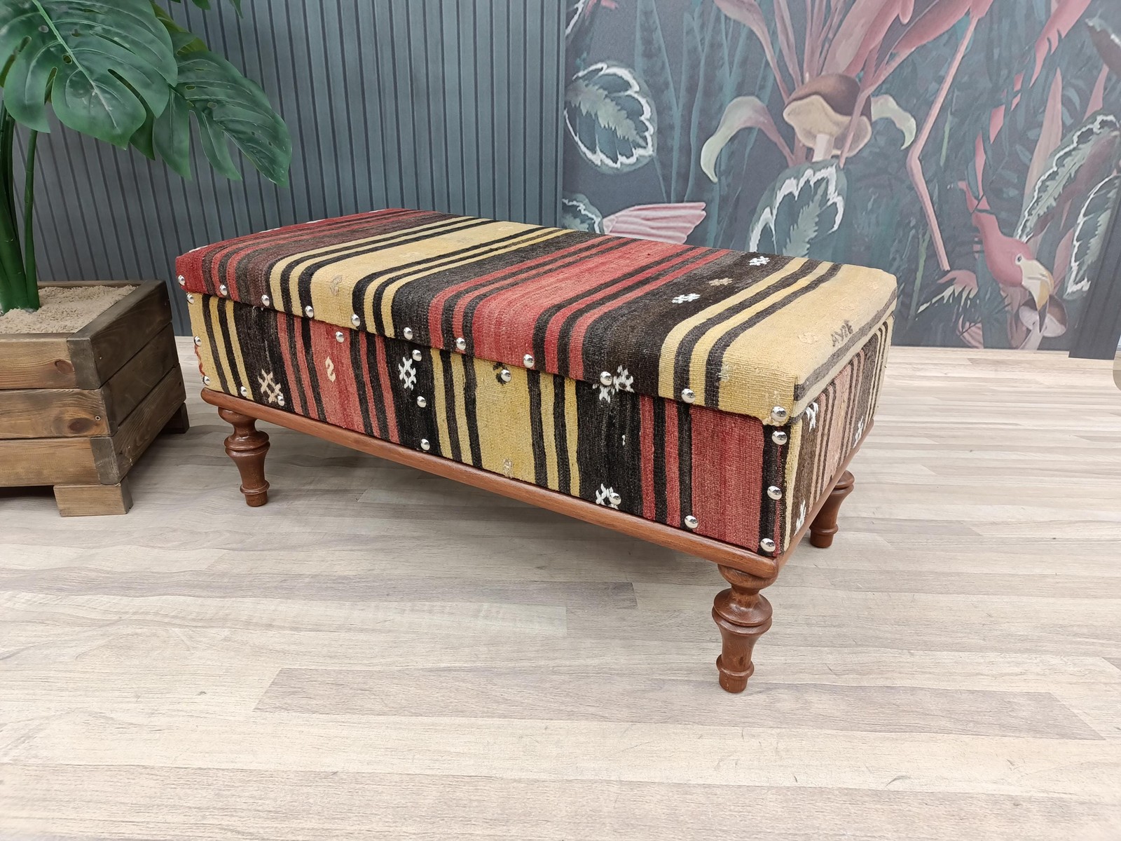 Kilim Storage Ottoman Handmade Wood Bench Upholstered Entry Organizer
