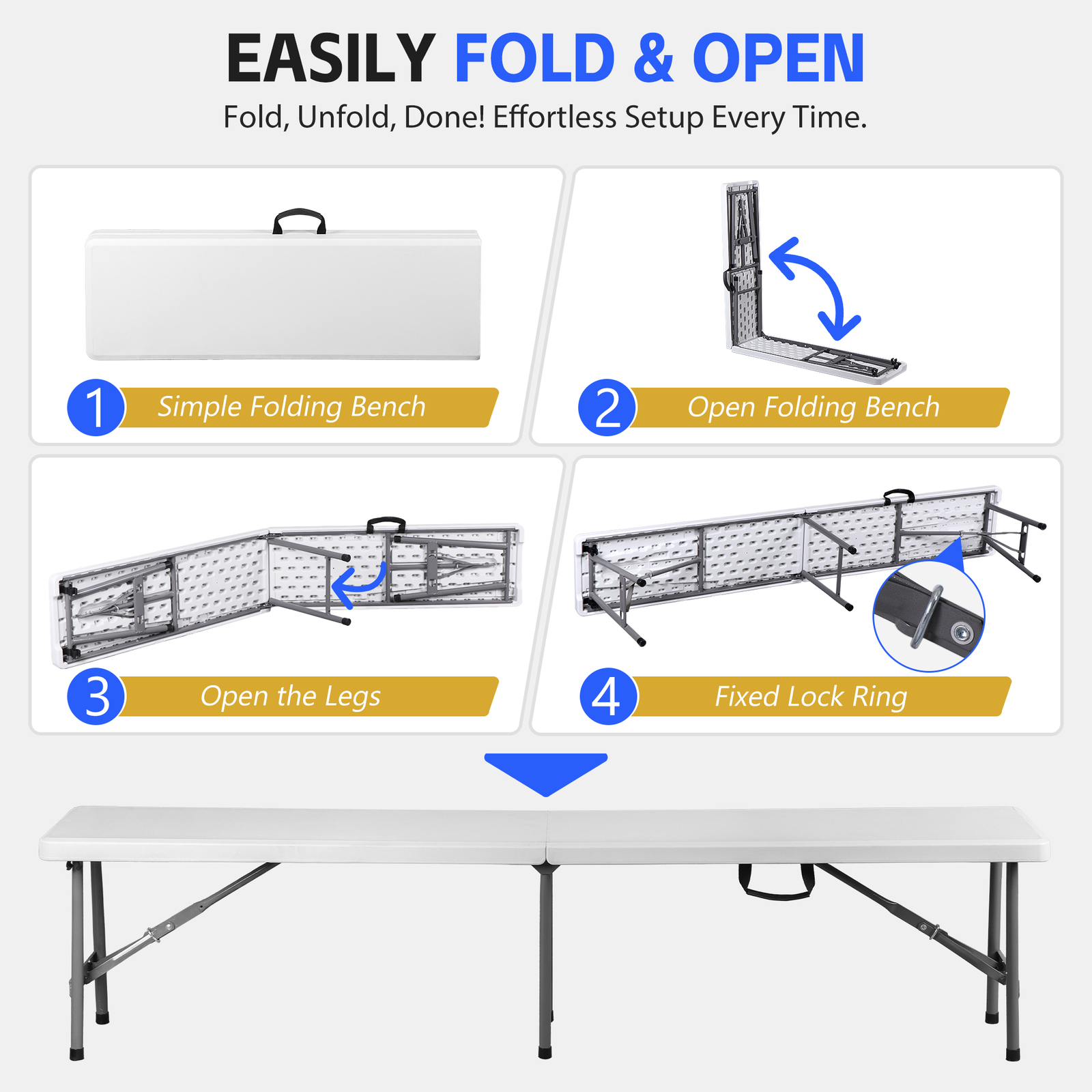 Folding Bench 6FT Plastic Folding Bench with Handles for Party Camping Picnic