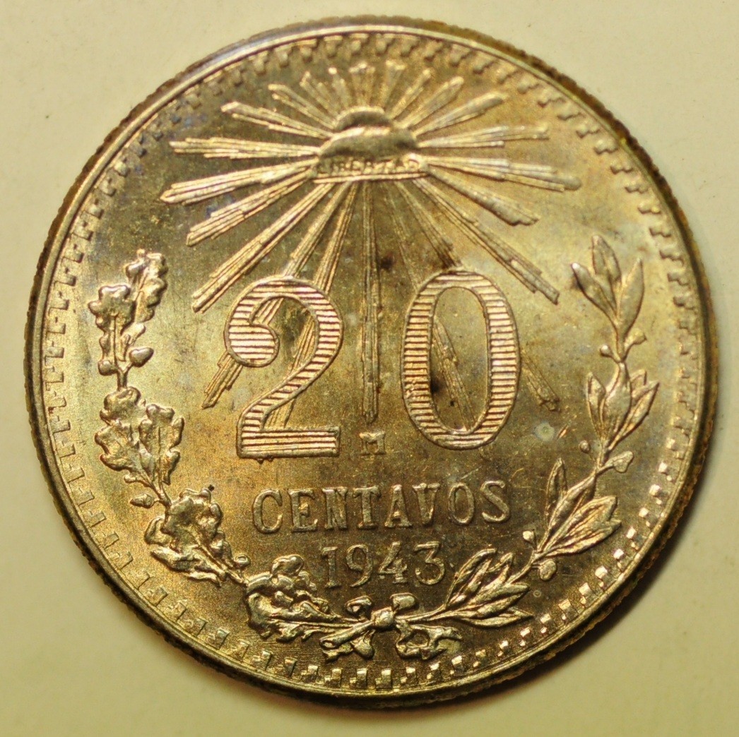 mw31951 Mexico Silver 20 Centavos 1943  Mexico City Mint   KM#438  UNC