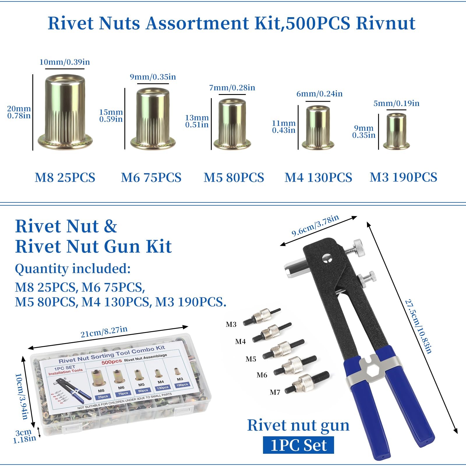 Rivet nut Tool kit,rivnut Tool,500Pcs Metric Rivet Nut Combination (M3/M4/M5/