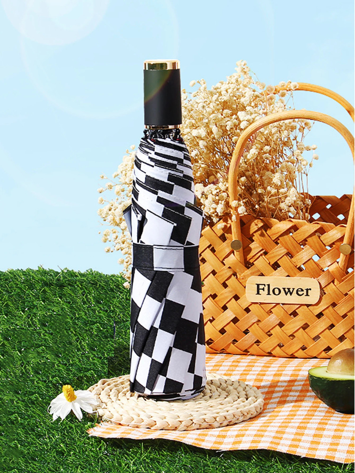automatic Instagram Checkerboard Umbrella Wholesale Folding Sun and Rain