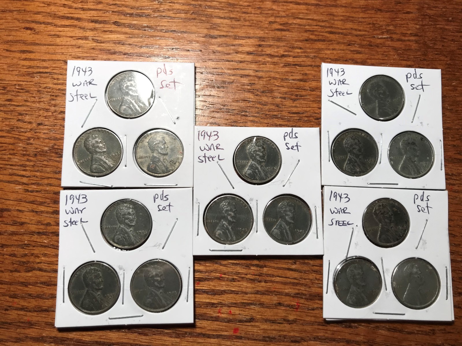 (5) 3 coin sets 1943 PDS Steel War P D S Cent  Penny original WW2 WWII Antique