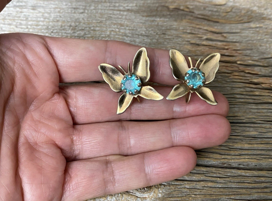 Vintage Gold Tone Butterfly Flower Screw Back Earrings Blue Stone