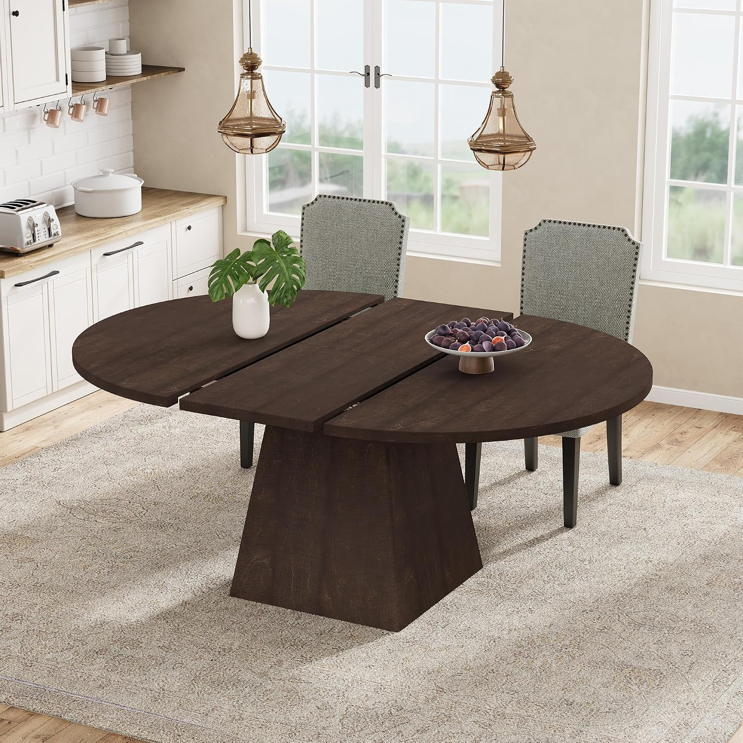 Extendable Round Dining Table for 4-8 People, 1.2" MDF, 350Lbs Capacity
