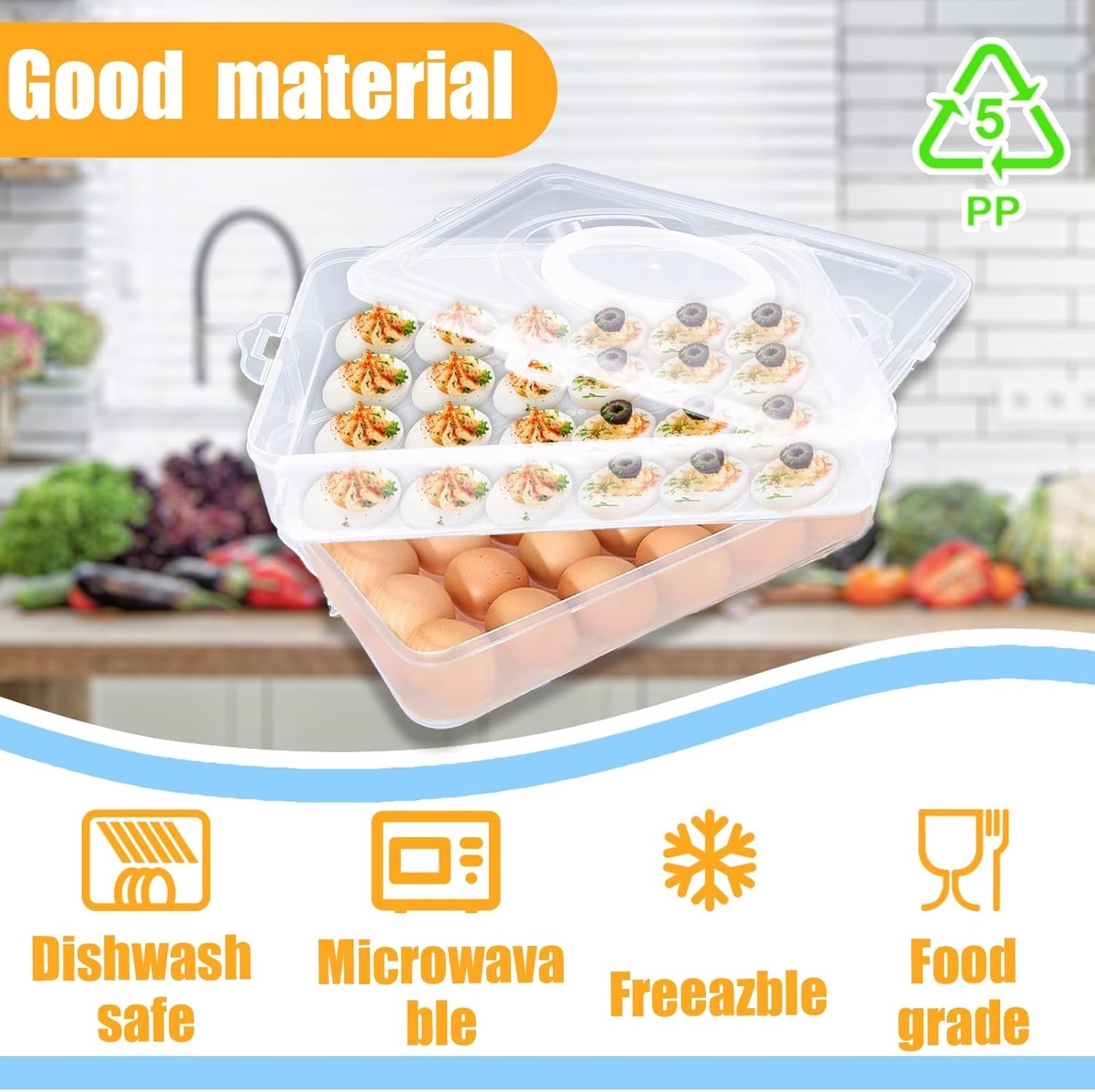 2-Layer Deviled Egg Carrier with Lid, Holds 48 Eggs, Clear Stackable Trays