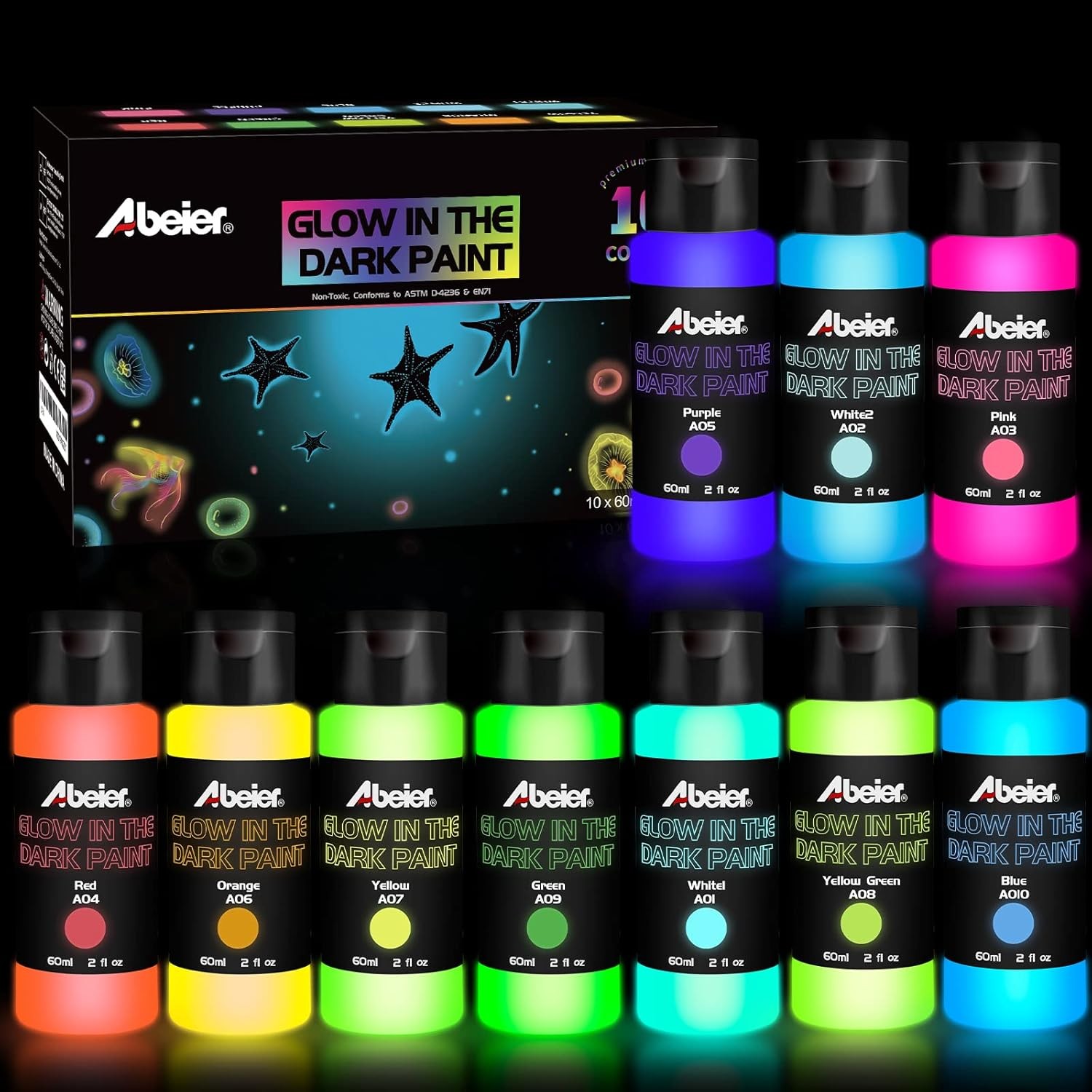 ABEIER Glow in the Dark Acrylic Paint - 10 20 Fl Oz (Pack of 1), multicolor