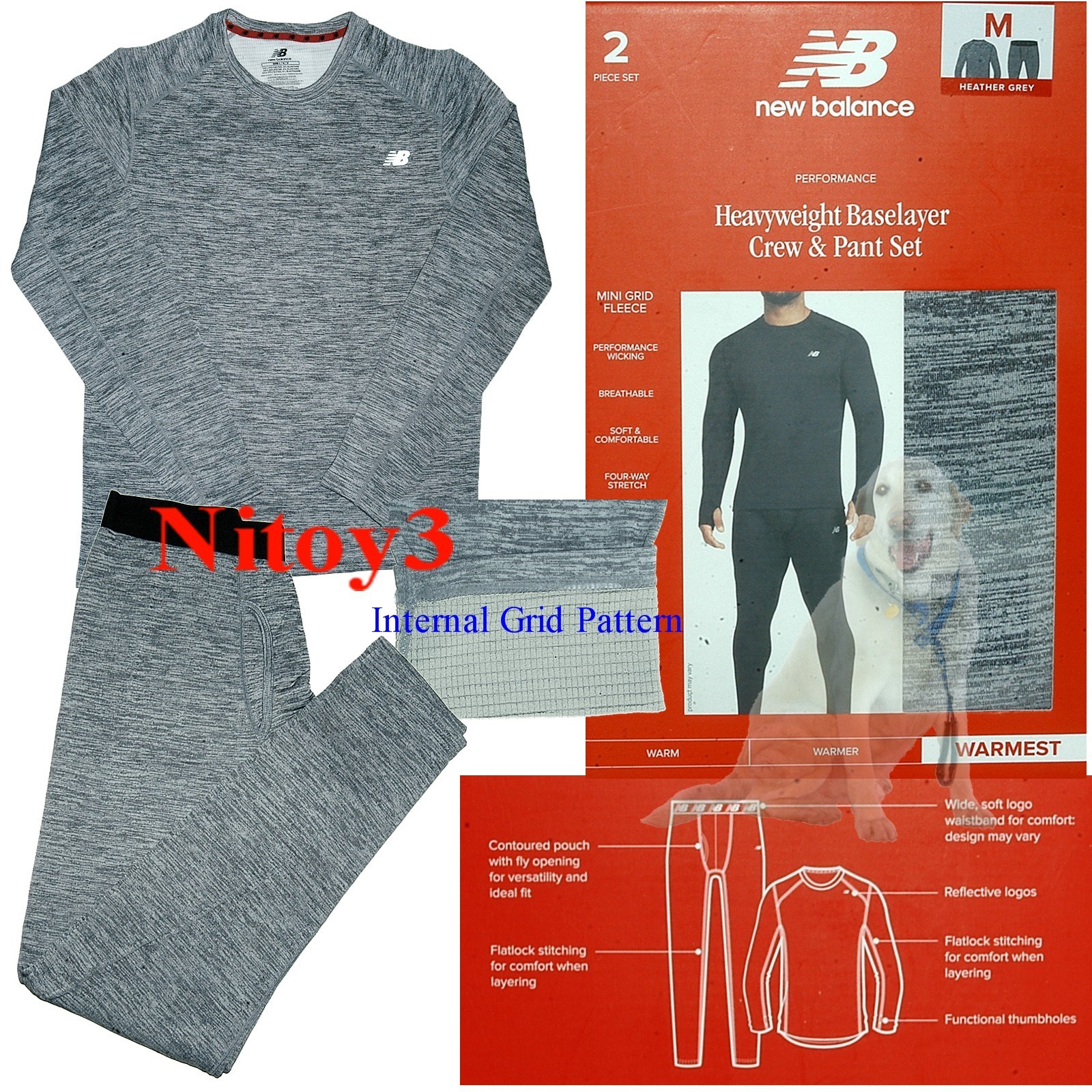 New Balance Performance Heavyweight Thermal Base Layer Top/Pants-Men Medium Gray