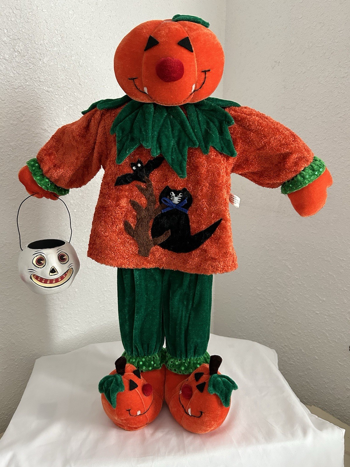 Halloween Vtg Standing Pumpkin Scarecrow Man Porch Greeter Holding Retro Bucket