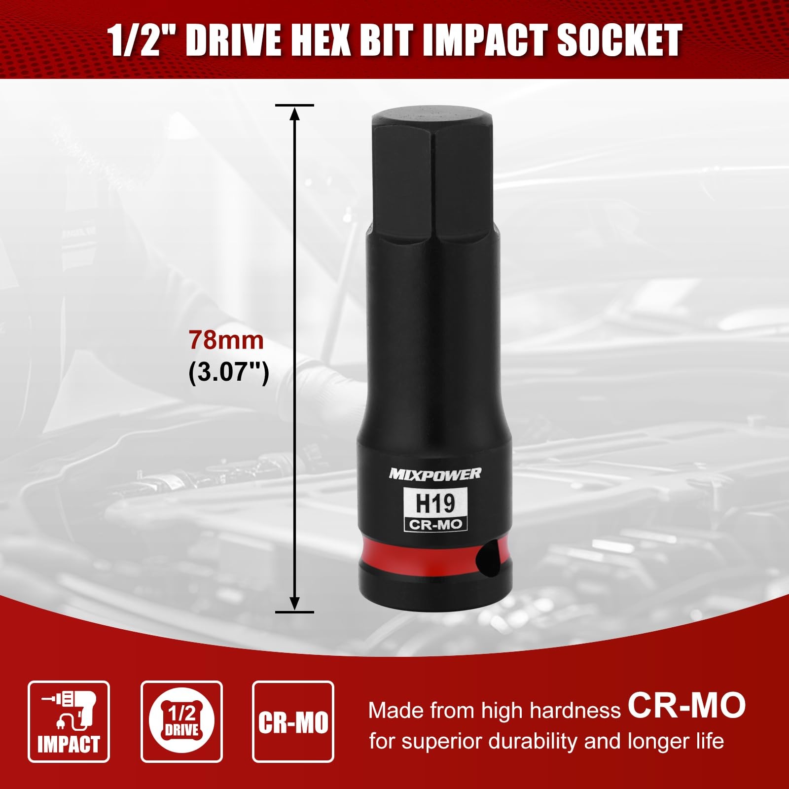 MIXPOWER 1/2" Drive 19mm Hex Impact Bit Socket, Allen Bit Socket, CRMO Steel,...