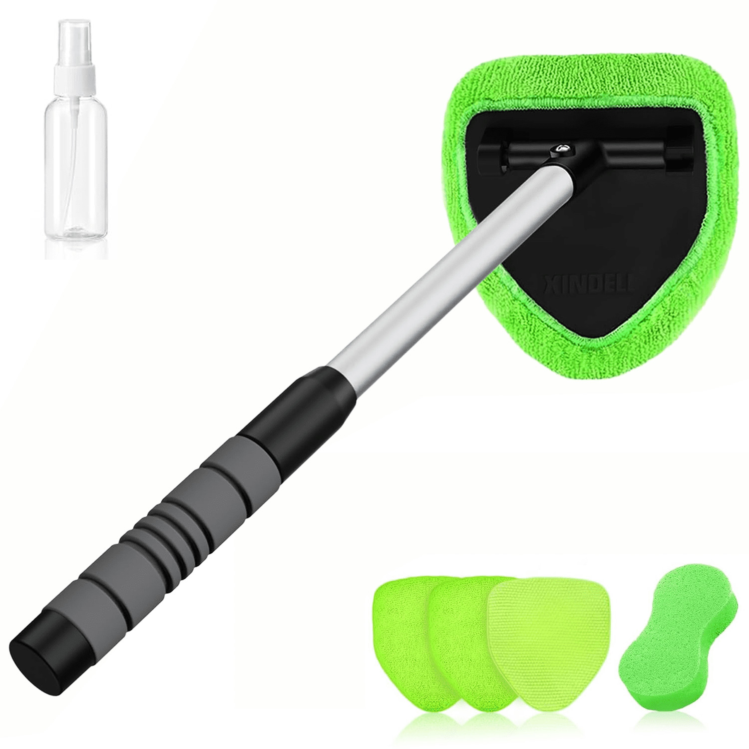 Portable Windshield Cleaner Tool  with Extended Long Handle & 4 Microfiber Pads
