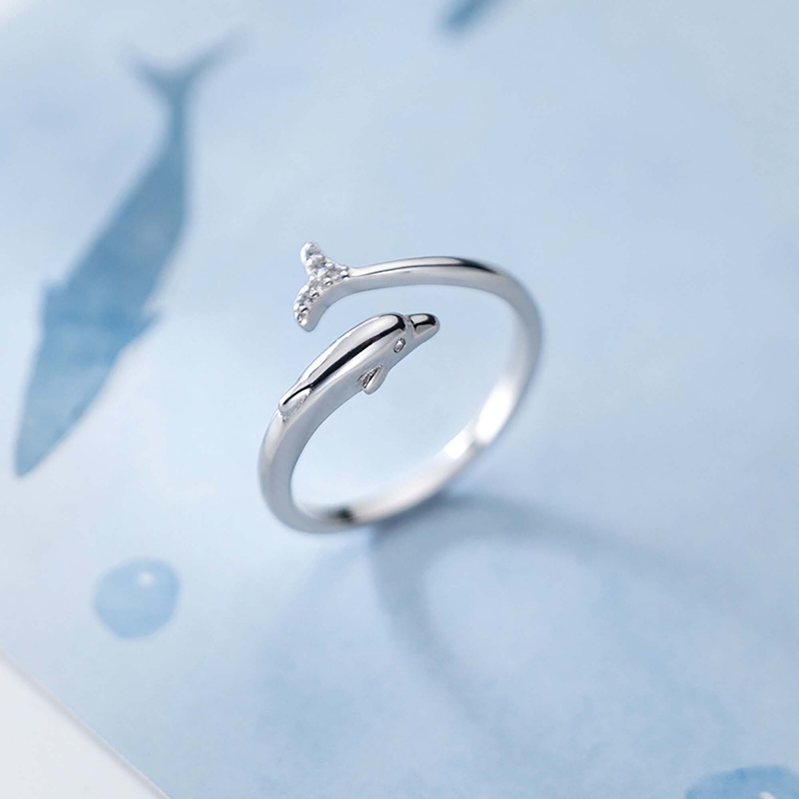Sterling Silver Dolphin Ring,Dainty Fish Ring for Women Adjustable Open Ring