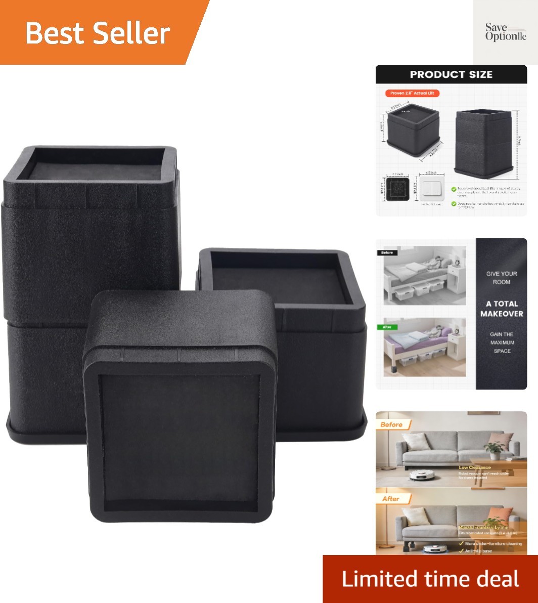 Adjustable Bed Risers 3 or 6 Inch - Heavy Duty Furniture Lifter Set of 4, Sup...