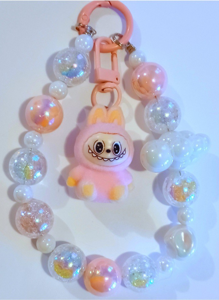 ☁️CLOUD Pink Furry Labubu Keychain Key Ring Clip Phone Strap Bag Charm Wristlet