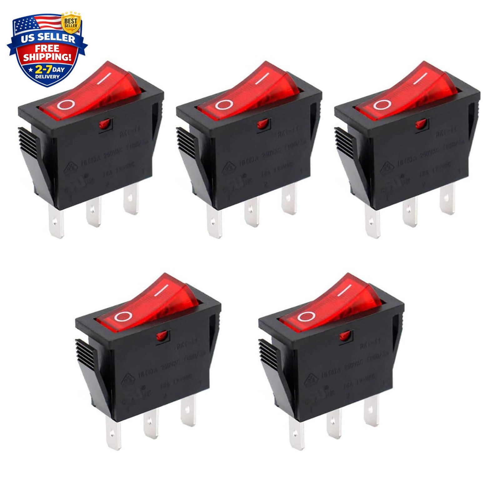 5-Pack Rocker Switch with Red Light, ON/Off SPST 3 Pin 16A/250VAC 20A/125VAC