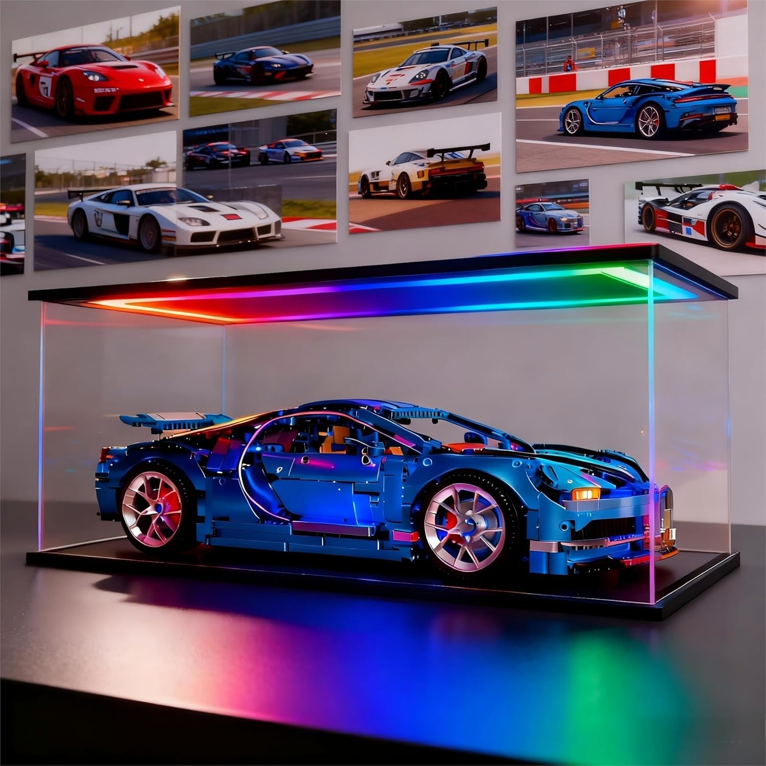 Car Display Case Acrylic RGB LED Light 1/18 Rack Nascar Model Diecast Clear Box