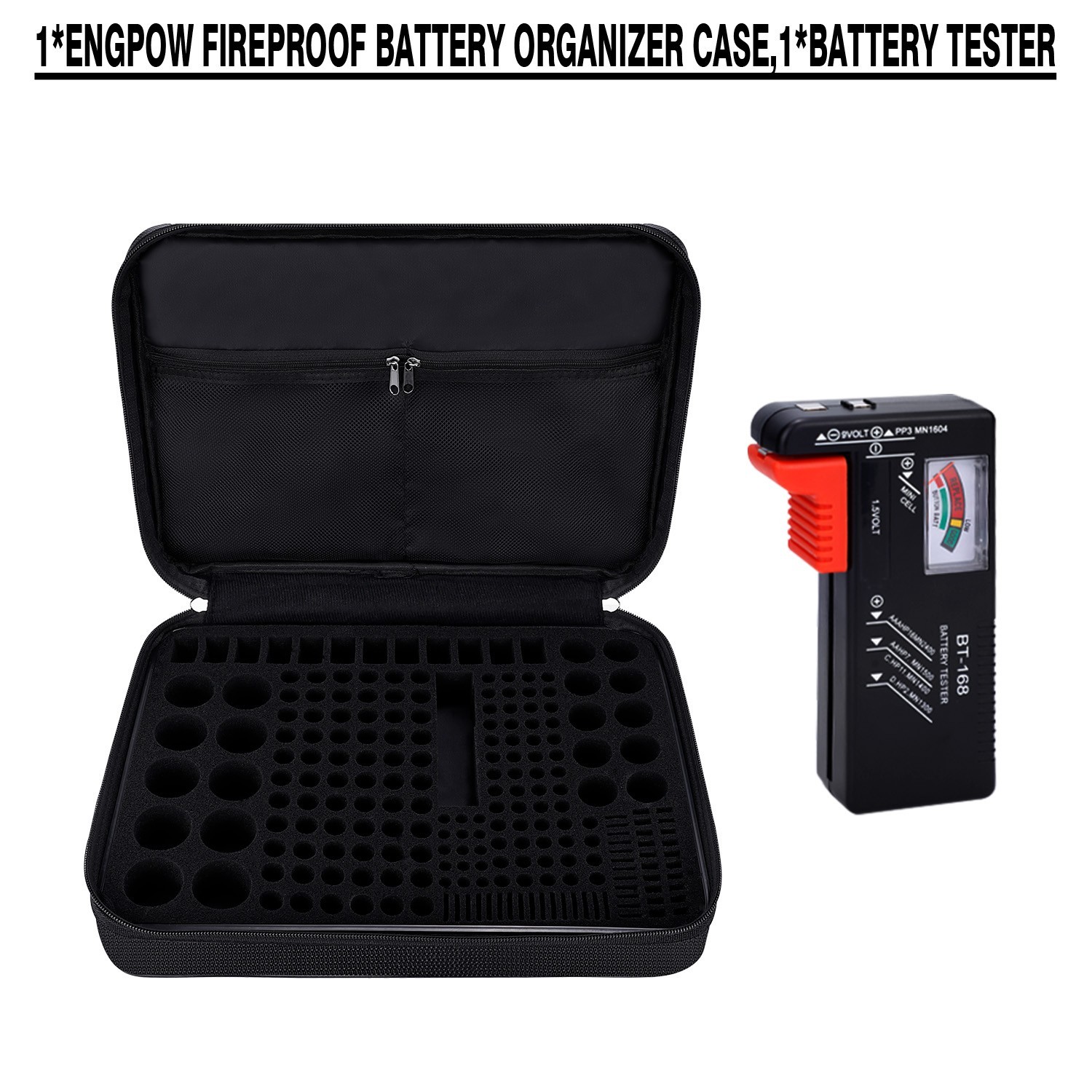 ENGPOW Battery Organizer, Fireproof Battery Organizer Storage Case with Tester