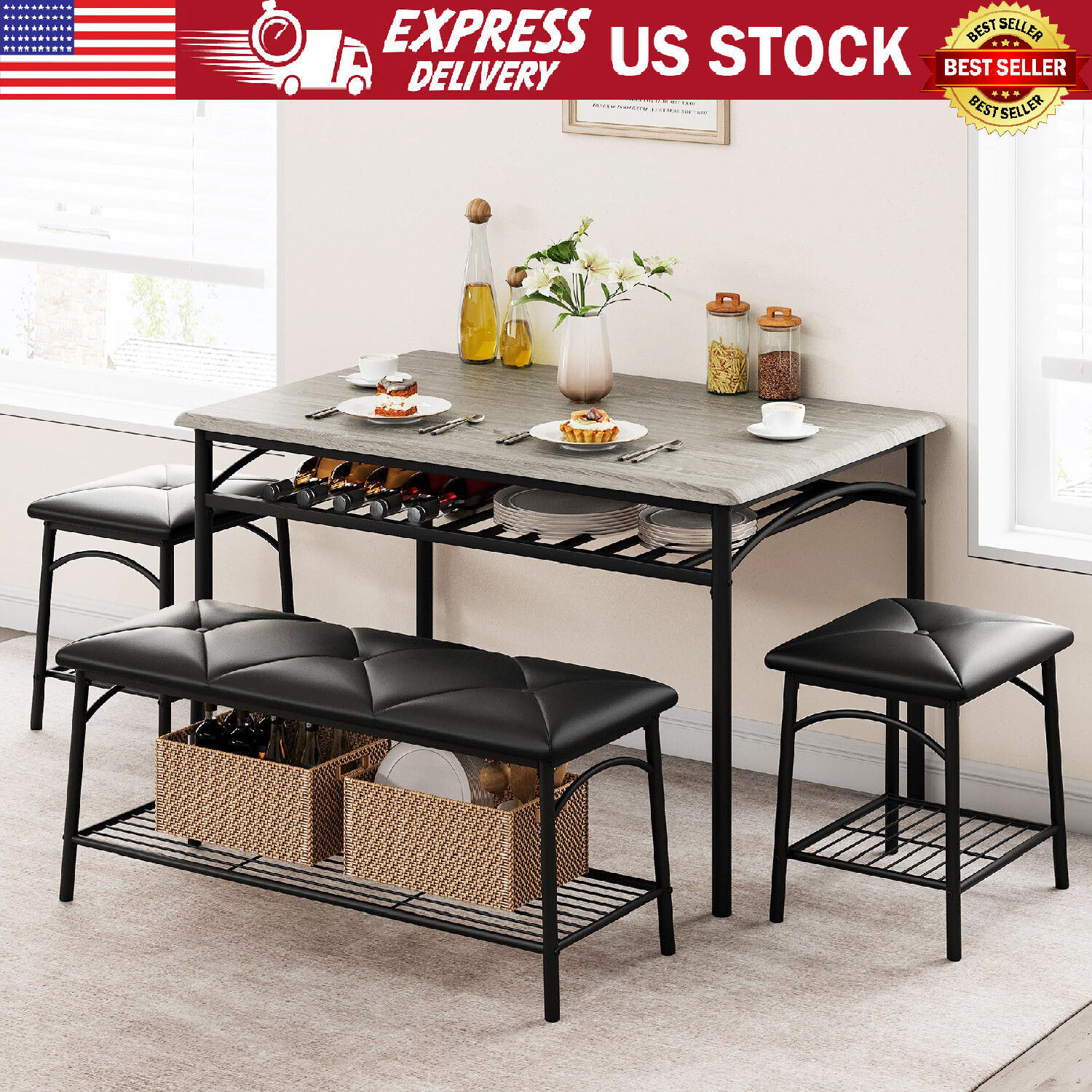 Dining Room Table Set for 4 Kitchen Table with Bench ,Stools & Storage Rack Grey