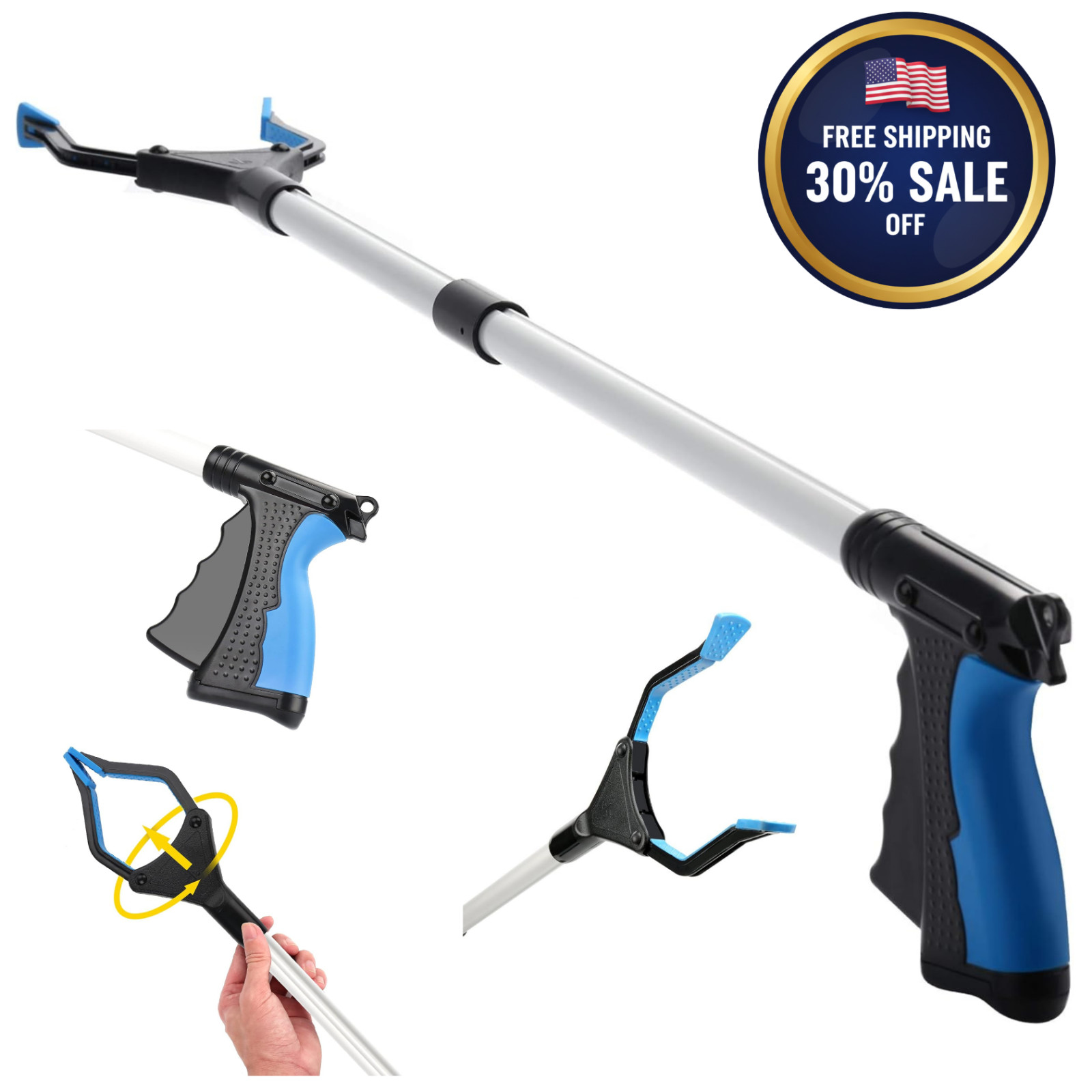 32'' Grabber Reacher Tool for Elderly, Lightweight Trash Picker Litter Claw Blue