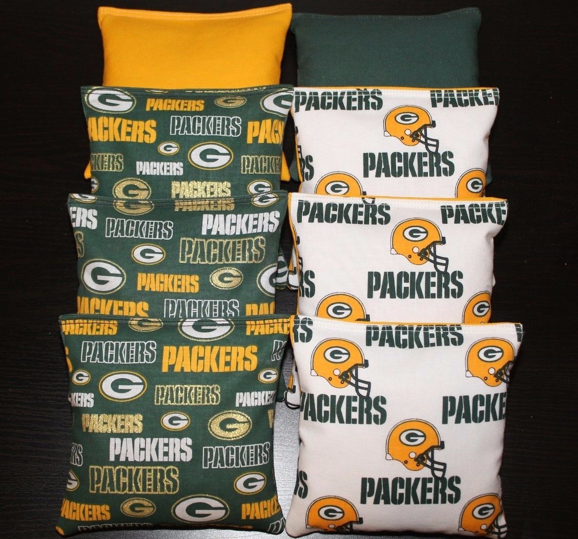 ALL Weather 8 CORNHOLE BEAN BAGS made w Green Bay Packers Fabric ACA Reg