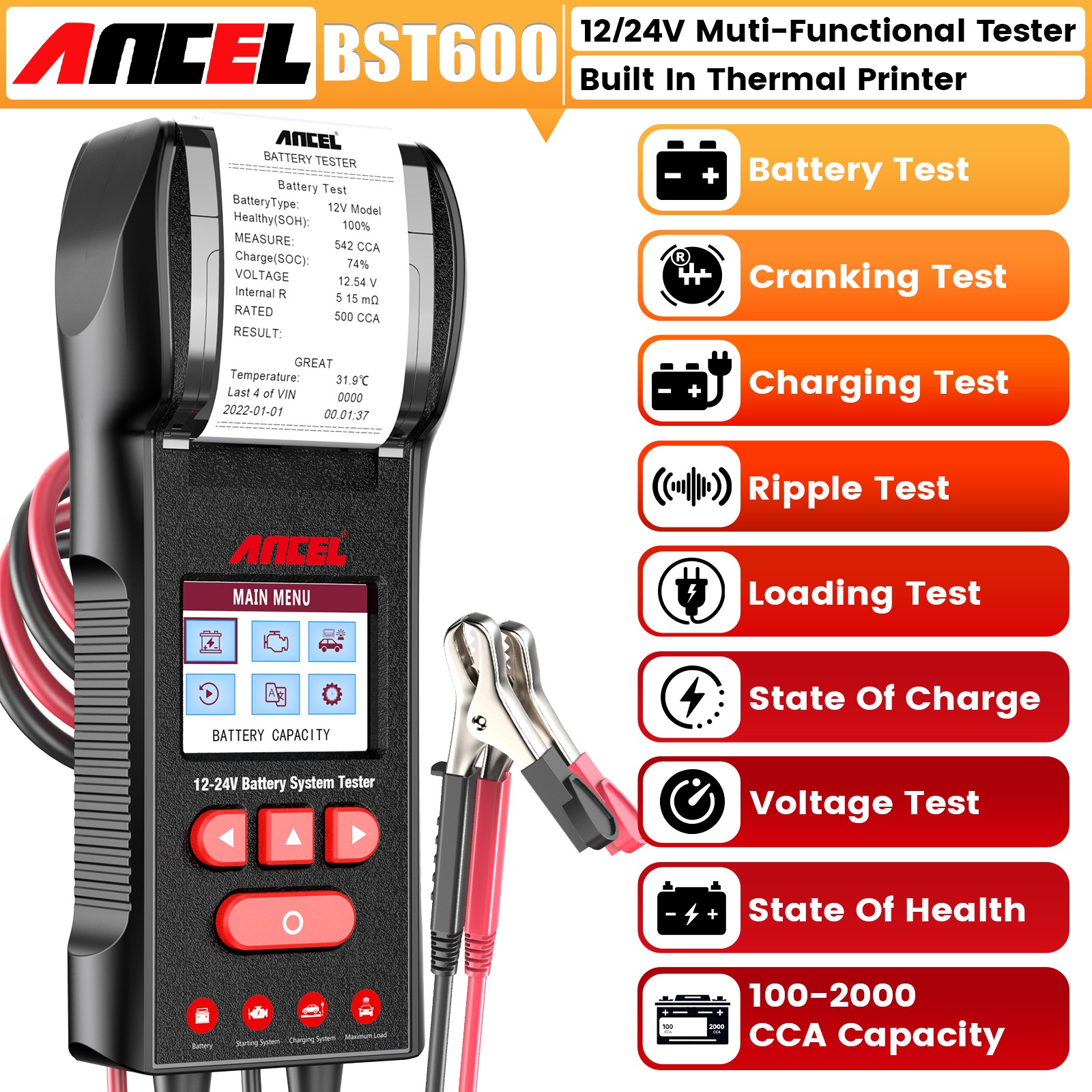 ANCEL 12V 24V Car Battery Tester Alternator Charging System Analyzer w/Printer