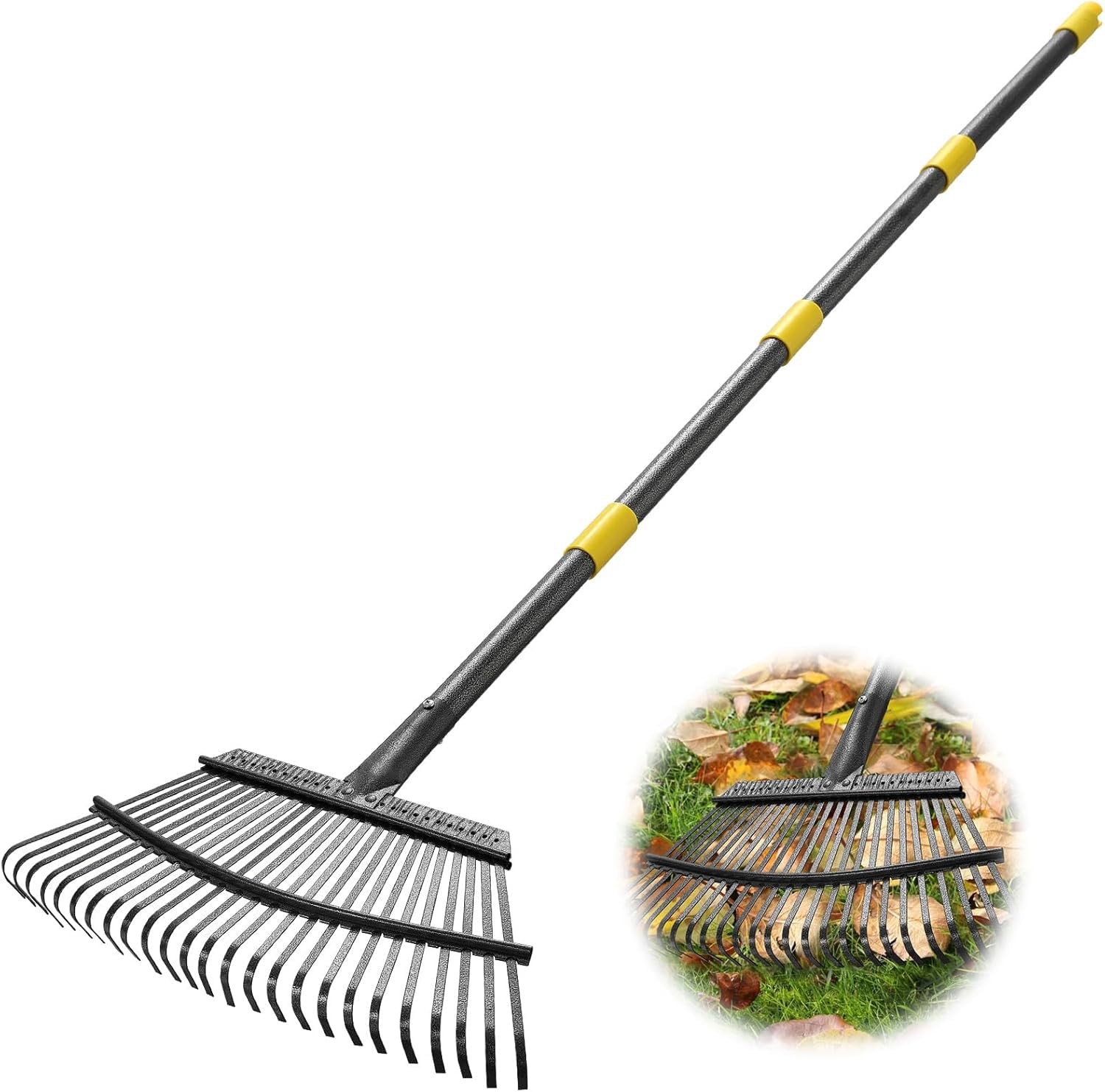 Leaf Rake Heavy Duty 65 Inch Handle 25 Tines Metal Lawn Yard Garden Tool