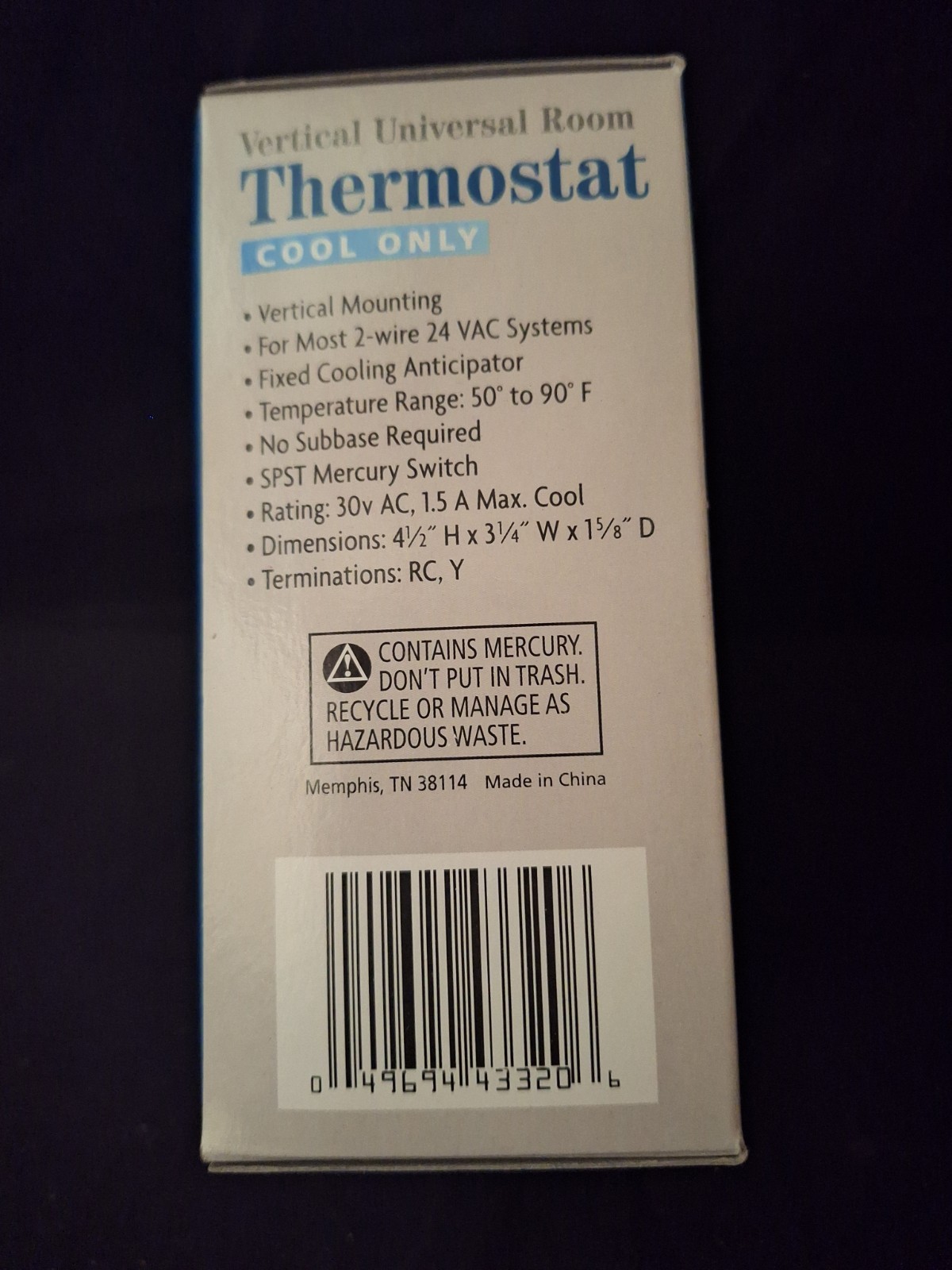 CTC Vertical Room Thermostat Cool-Off Dial Control 24V Model 43320