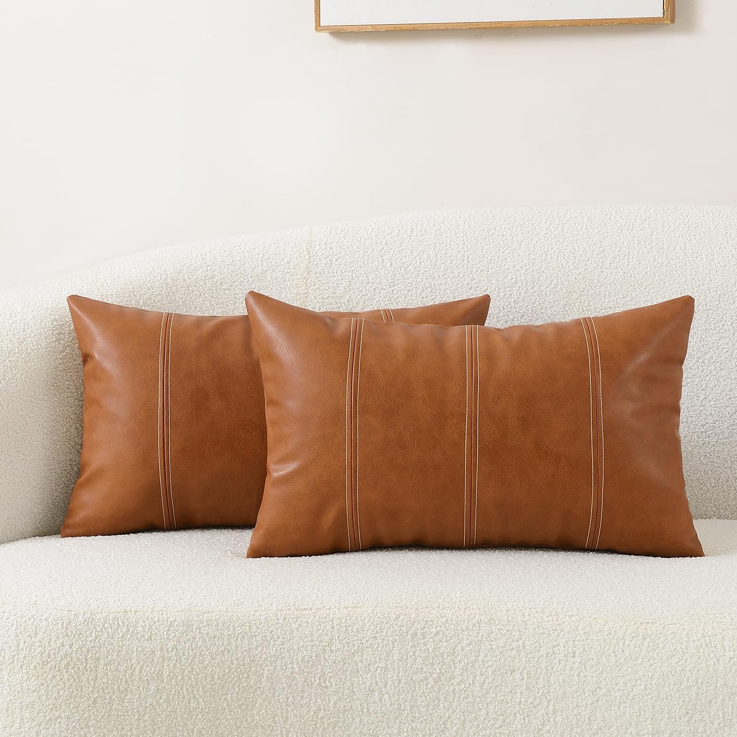 Set of 2 Faux Leather Lumbar 20" x 12" (Pack 2), Cognac Brown