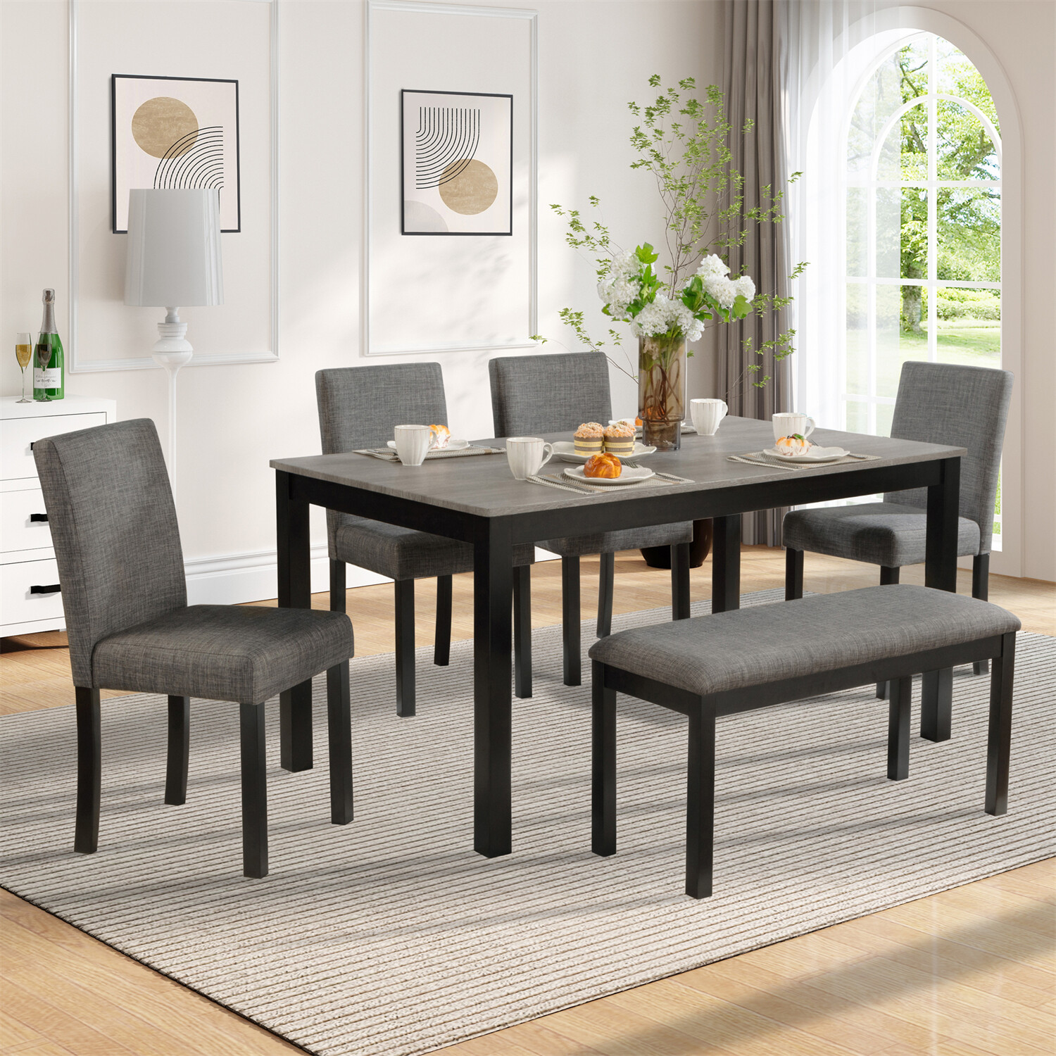 6 Piece Dining Table Set Wooden Dining Table with 4 Chairs & Bench Light Gray
