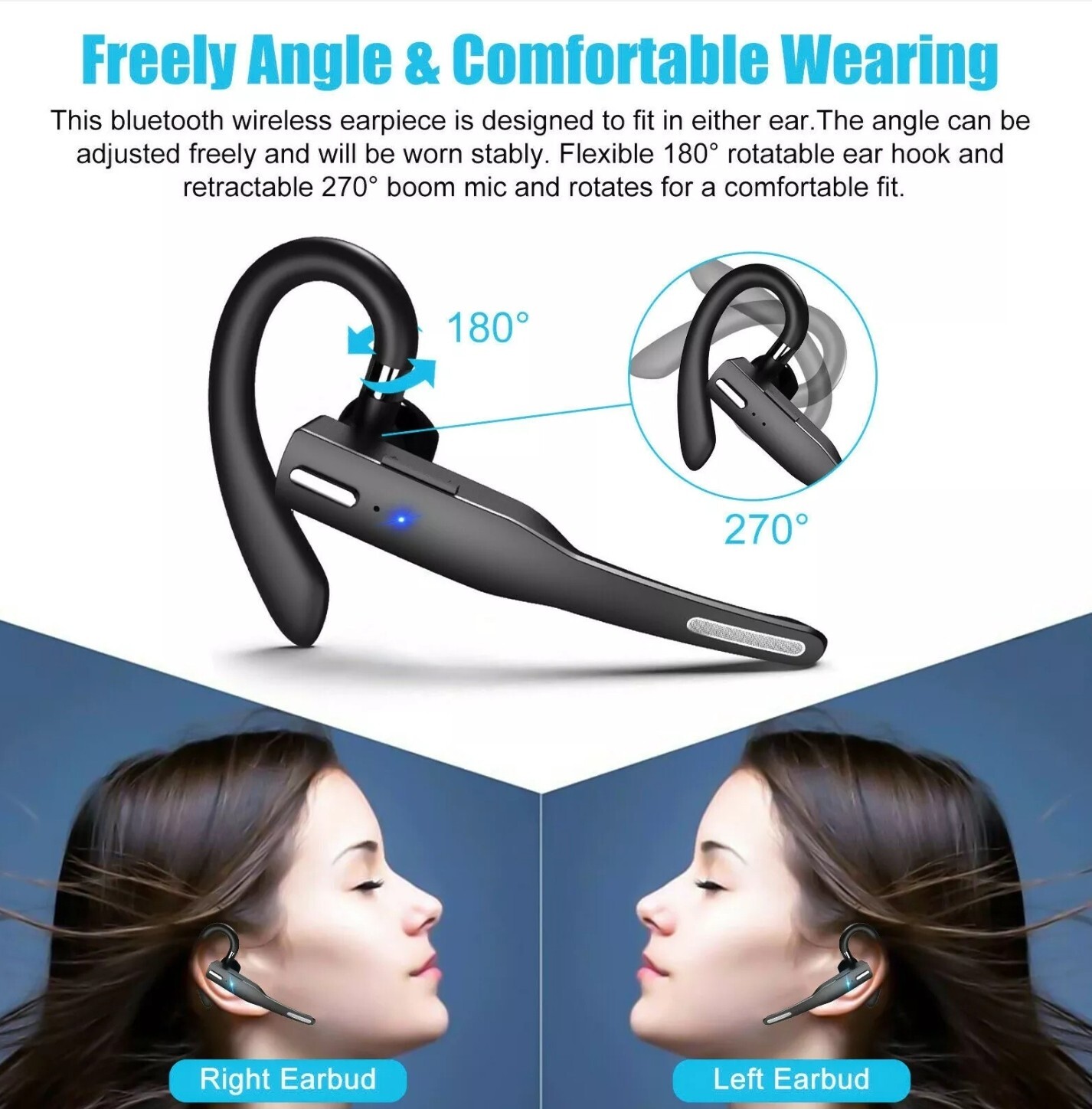 Bluetooth 5.0 Earpiece Wireless Headset Noise Cancelling Earbuds Driving Trucker