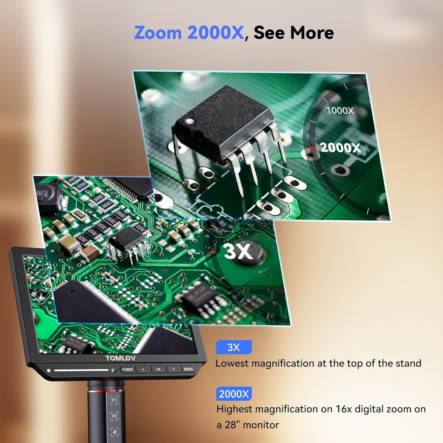 TOMLOV Autofocus 4K Digital Microscope 52MP Coin Microscopes with Screen HDMI