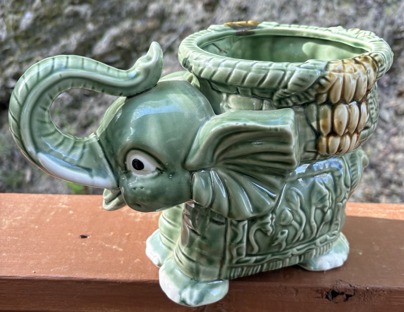 Vtg Large Elephant Planter Basket Trunk Up Ceramic Pot Mojolica BOHO