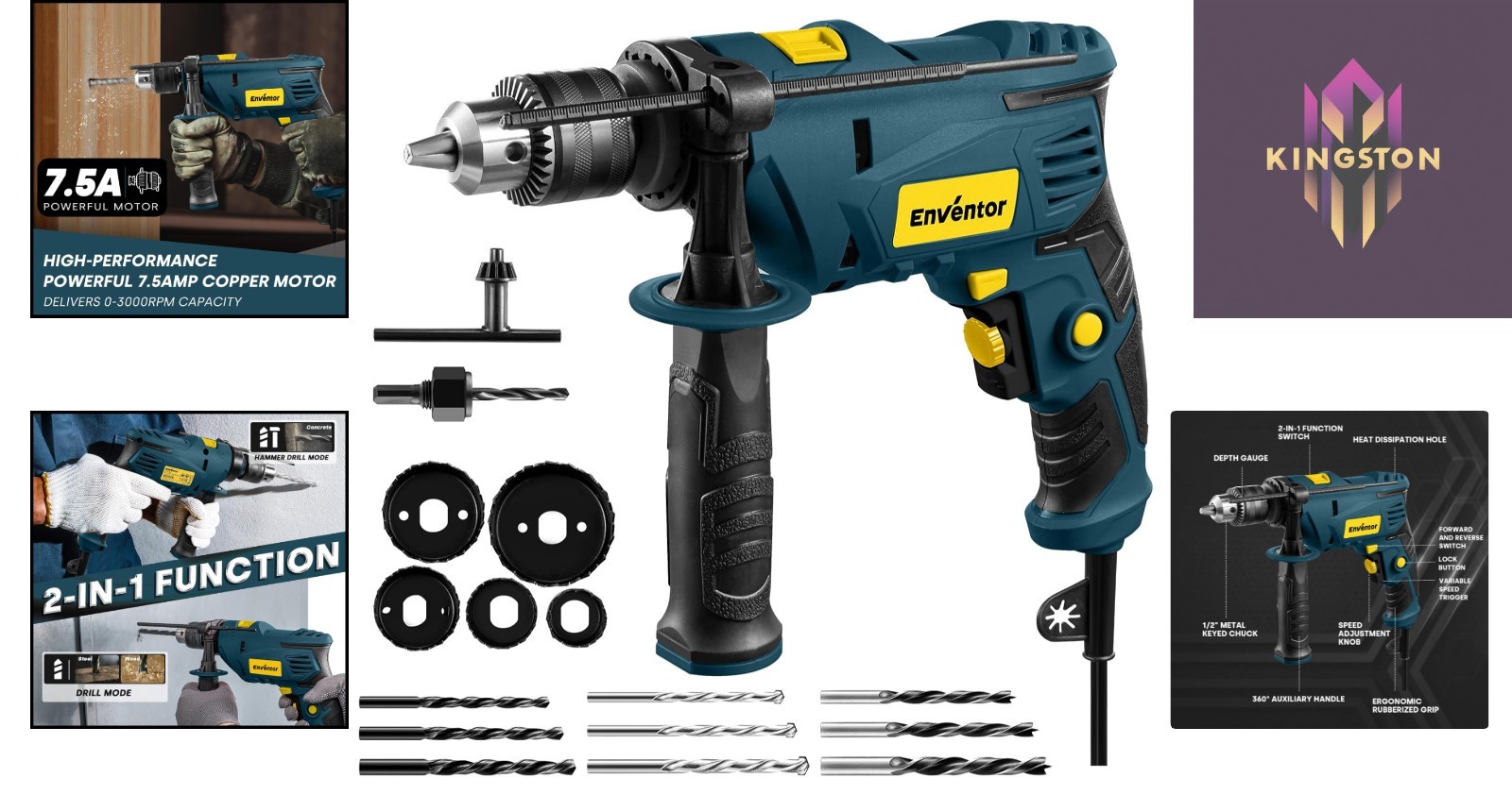 7.5 Amp Electric Hammer Drill with 2-in-1 Function, 900W, 360° Handle & 9 Bits