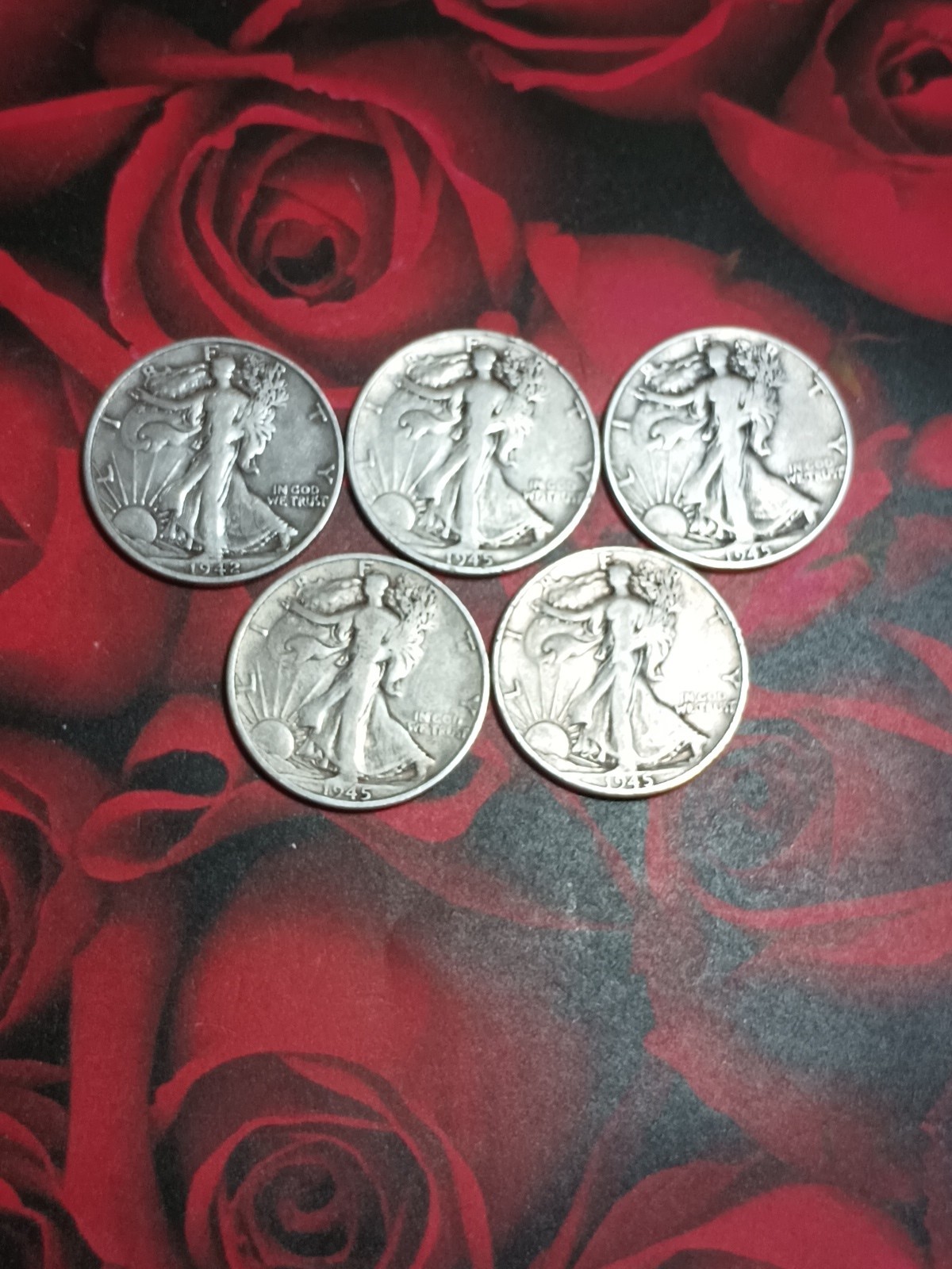 LOT OF 5 RANDOM DATES WALKING LIBERTY 90% HALF DOLLAR 50c