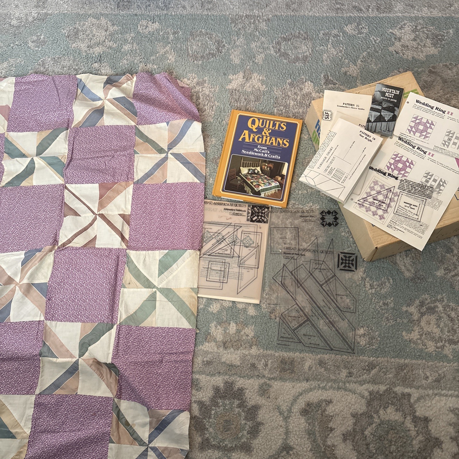 Vintage Quilt Patterns/pattern Book And Unfinished Hand pieced Quilt Top 48x 33”