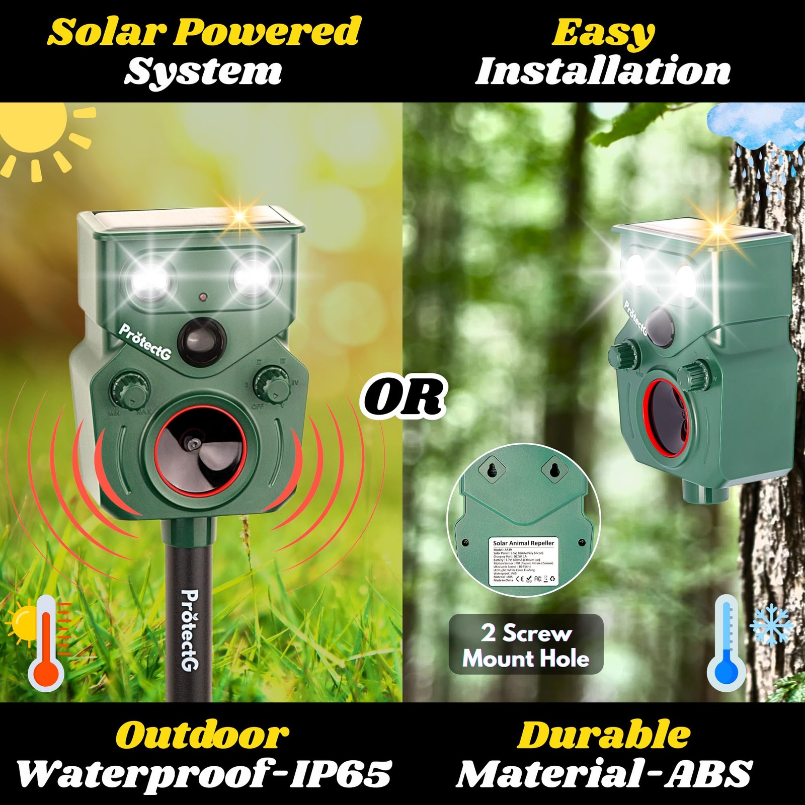 Motion Activated Solar Ultrasonic Animal Repellent Waterproof Yard Protector