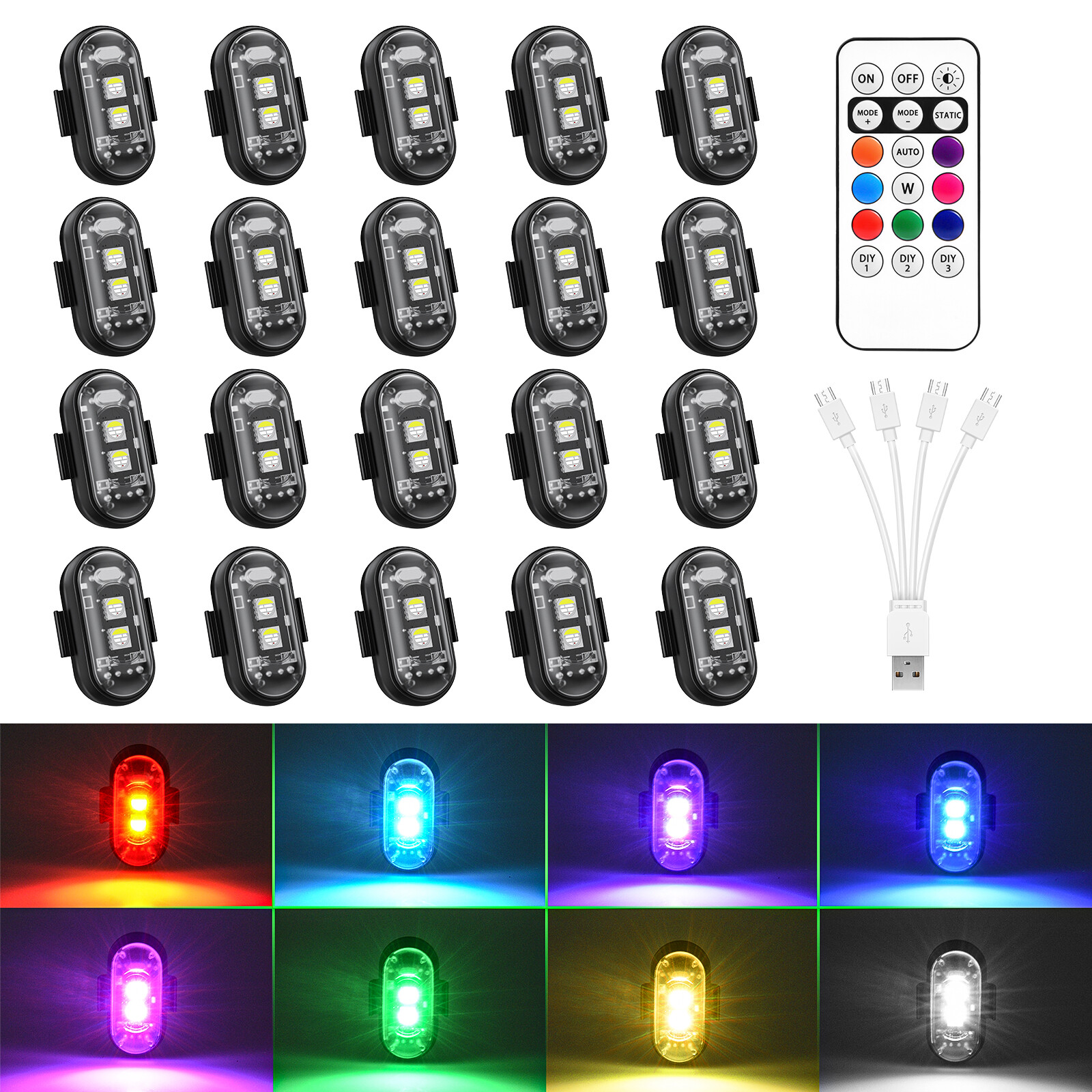 20 Pods Wireless RGB Strobe Lights w/Remote Control LED Flash Warning Lights Kit