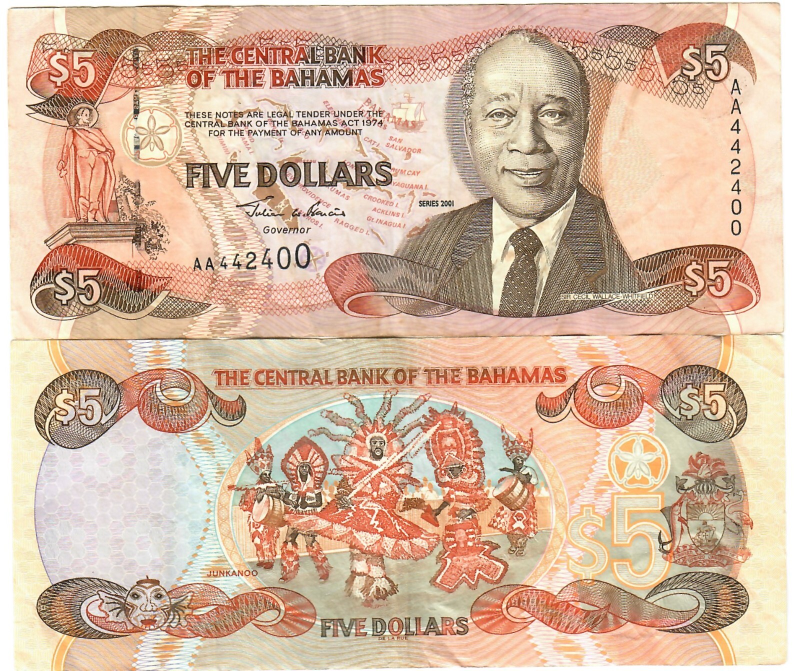 Bahamas 5 Dollars 2001 VF "Francis"