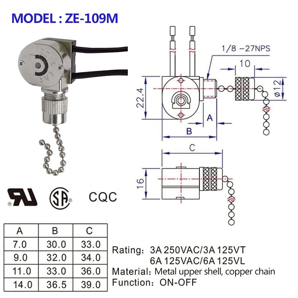 Ceiling Fan Light Switch ZE-109m Metal Pull Chain Switch,Two Wire Nickel