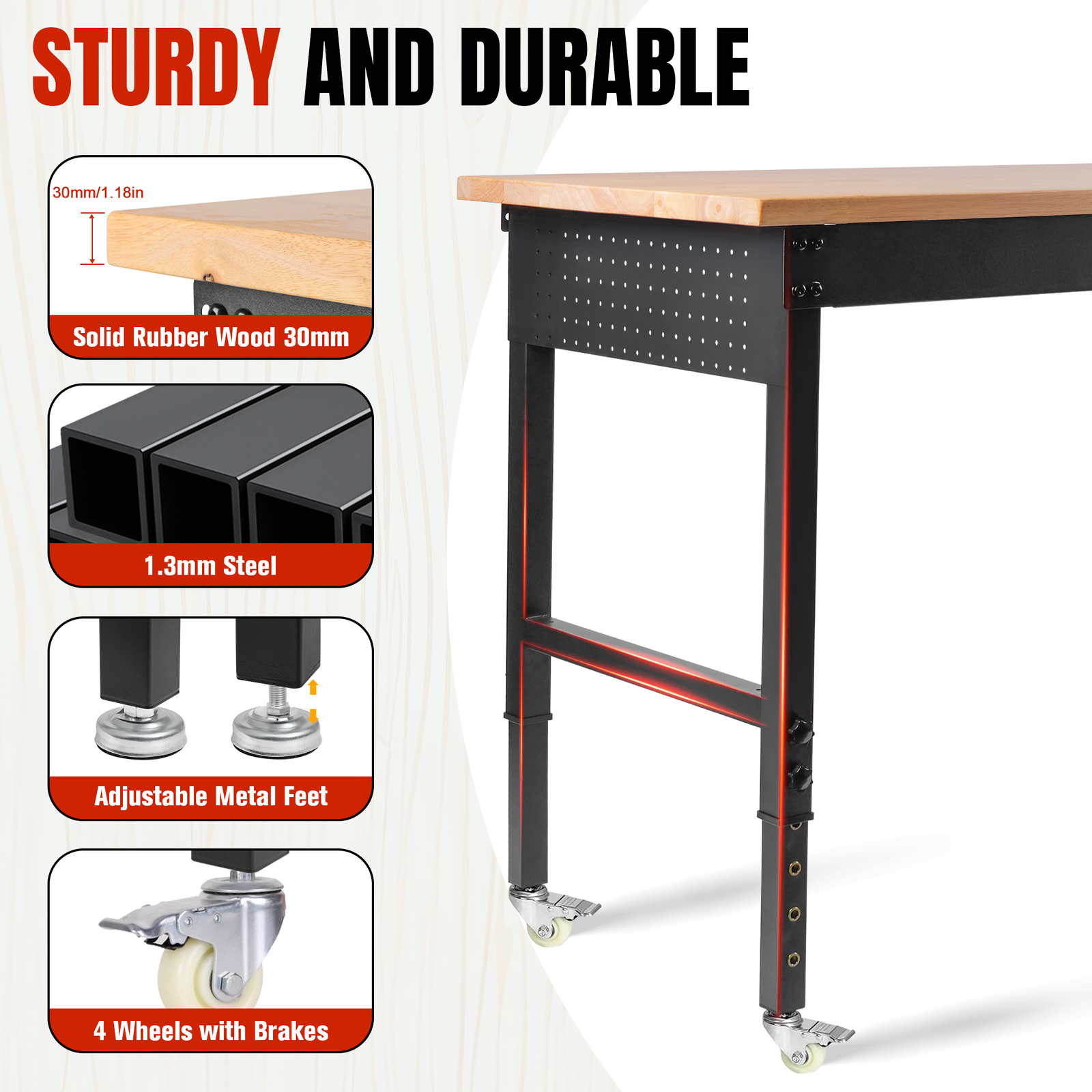 Adjustable Height Workbench 48"L x 24"W Work Bench Table w/ Power Outlets&Wheels