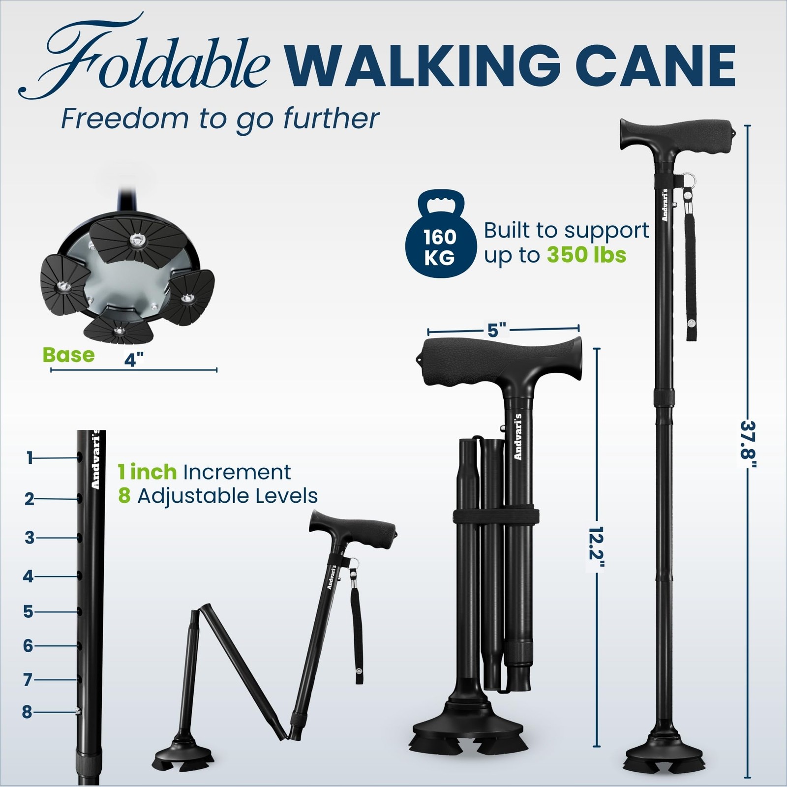 Andvari Walking Canes for Men, All Terrain, Universal and Adjustable, Black