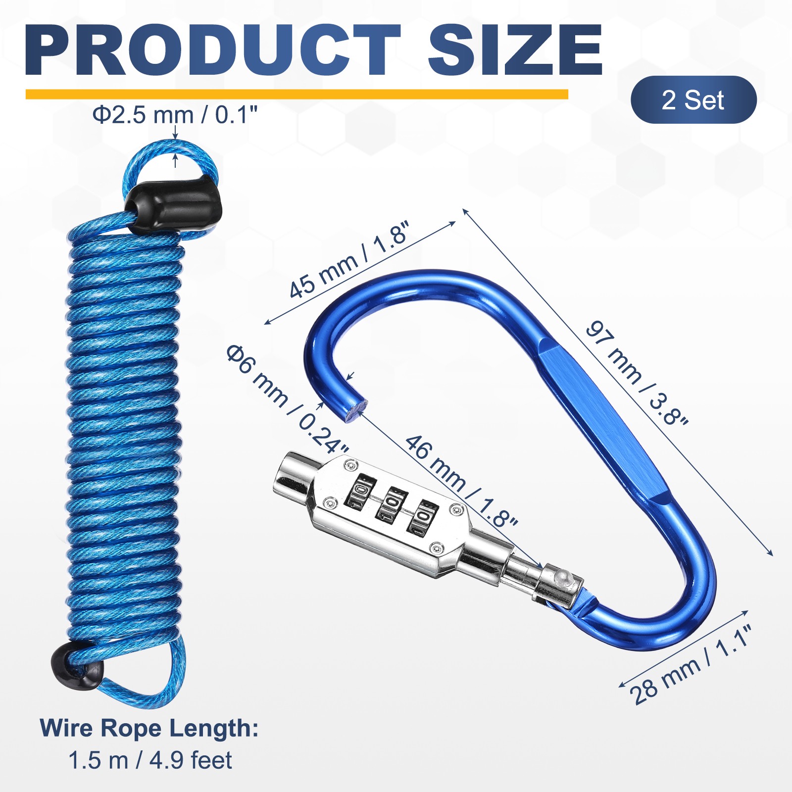 2 Set 4.9Ft Cable Lock Steel Safety Cable with 3.8" Combination Lock Blue