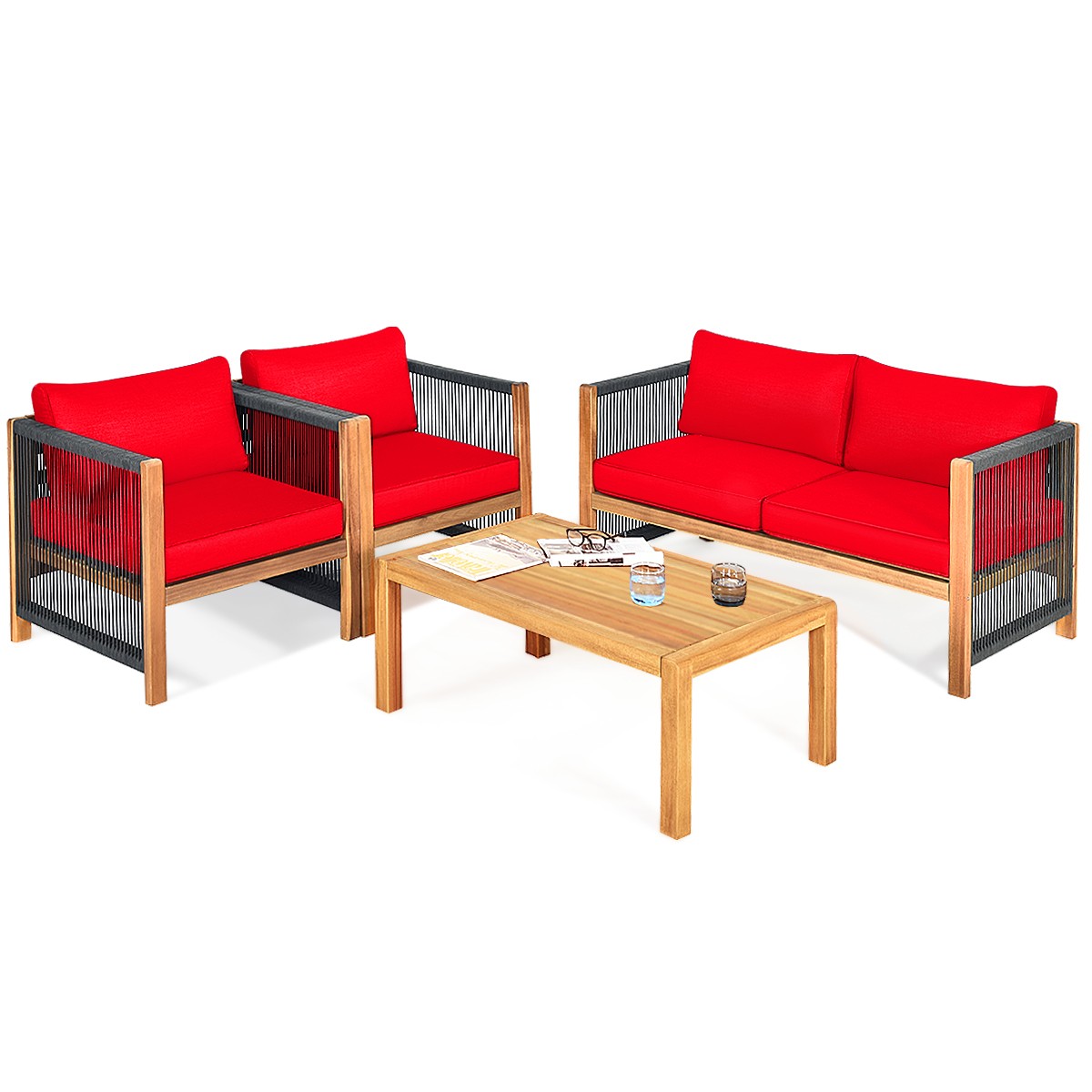 Patiojoy 4PCS Acacia Wood Patio Furniture Set Cushioned Sofa W/Rope Armrest Red