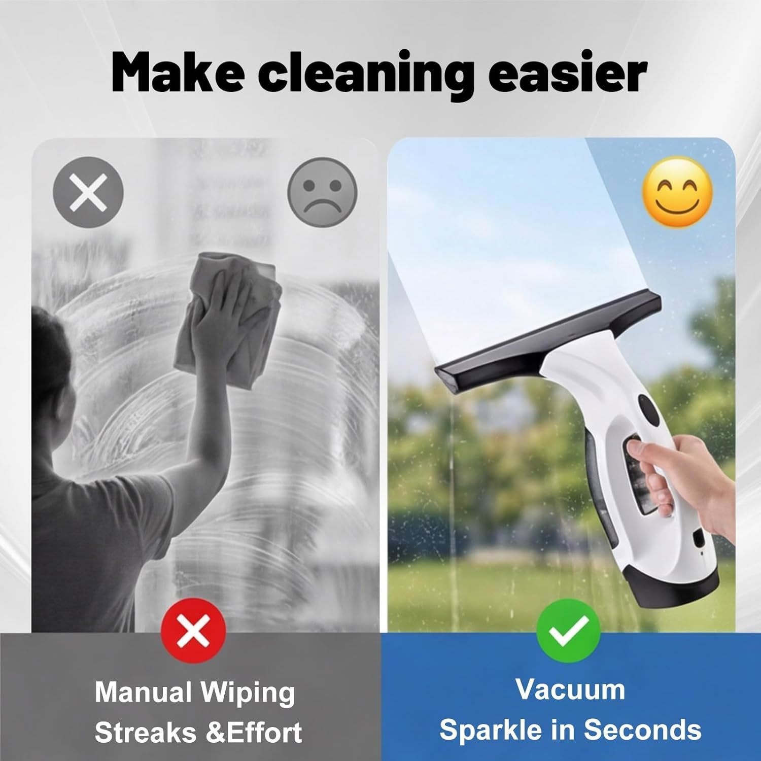Window Vacuum Squeegee Cordless, 2000Pa Electric Window Cleaner Tool with Tank