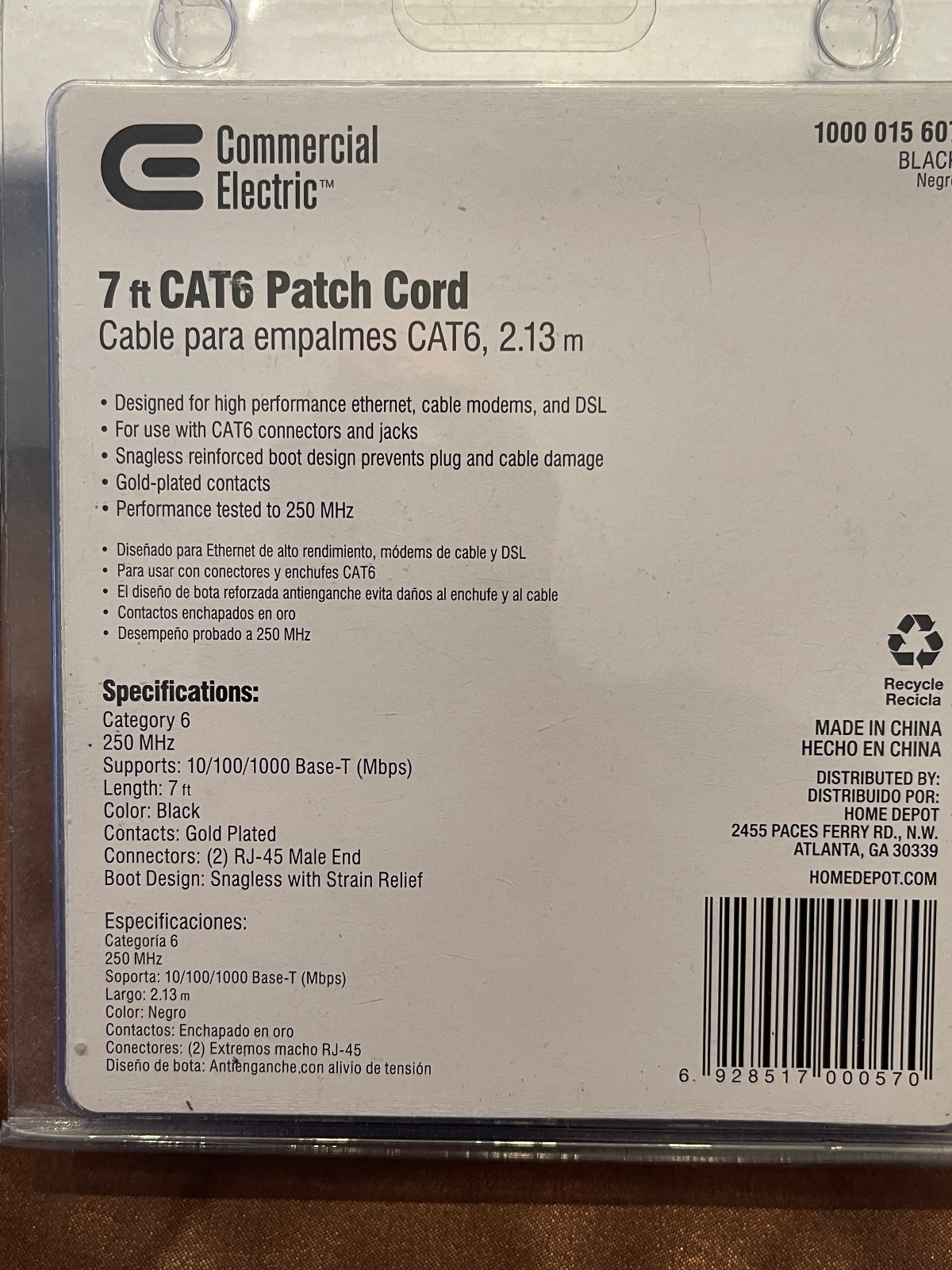 7 foot CAT6 Patch Cord Black 2 pack Commercial Electric
